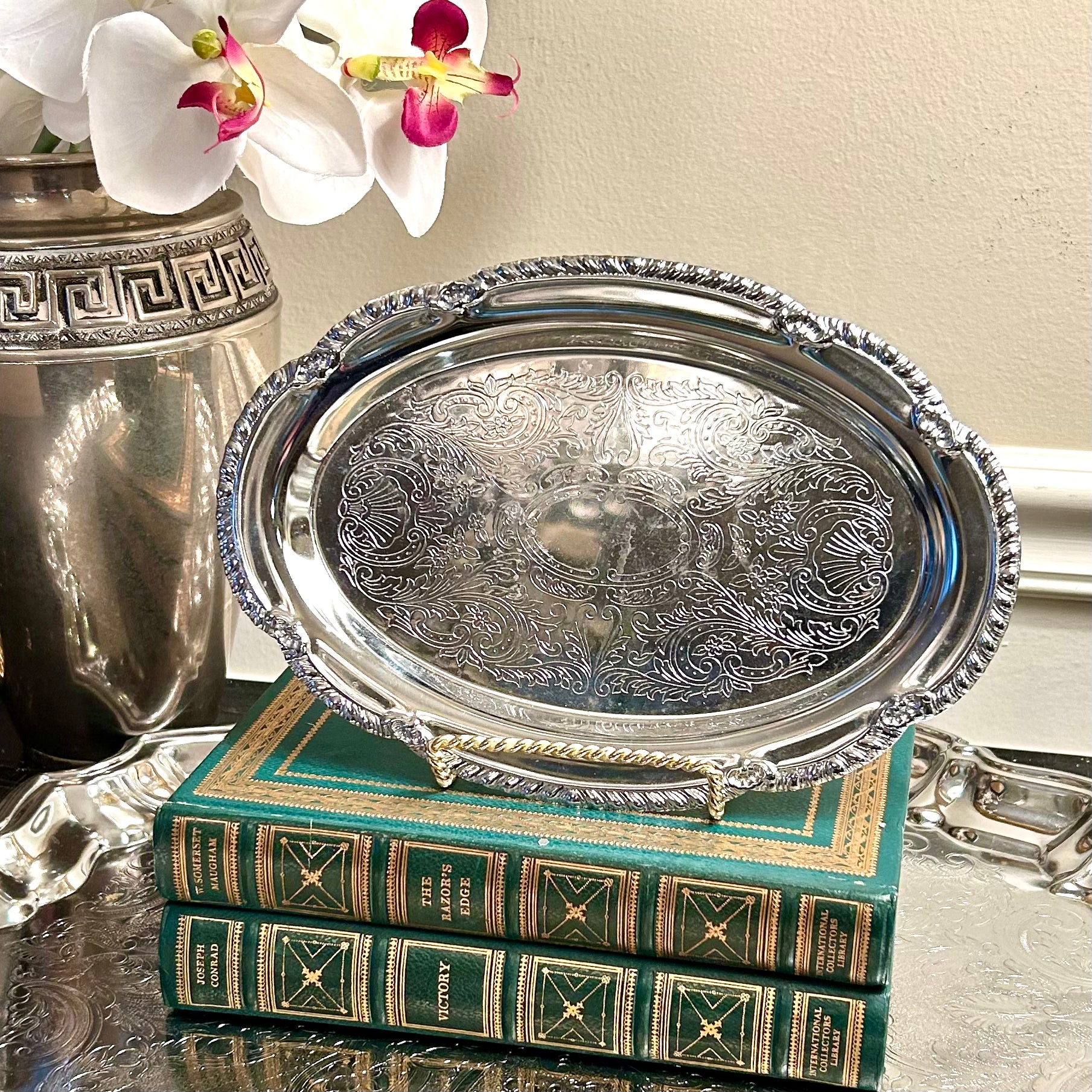 Charming oval designer Silver plate perfume tray – Lillian Grey