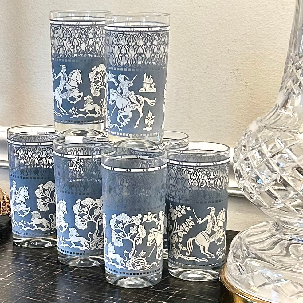 Lot of 7 Vintage Blue glass White Starburst Mid Century outlet Modern Tumblers & Pitche