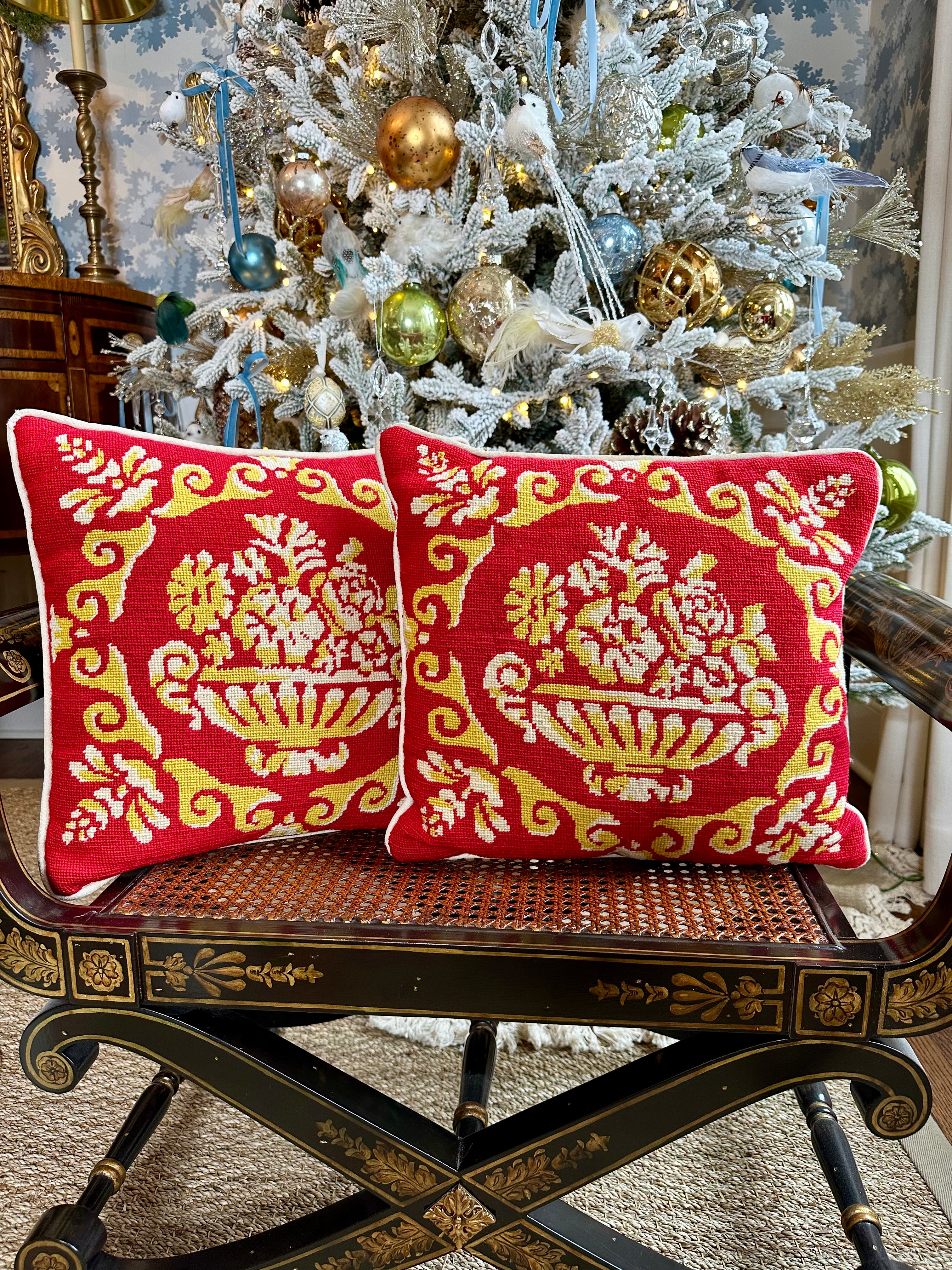 Pair of Gorgeous Red & Gold w White Florals in Urn Needlepoint Pillows –  Lillian Grey