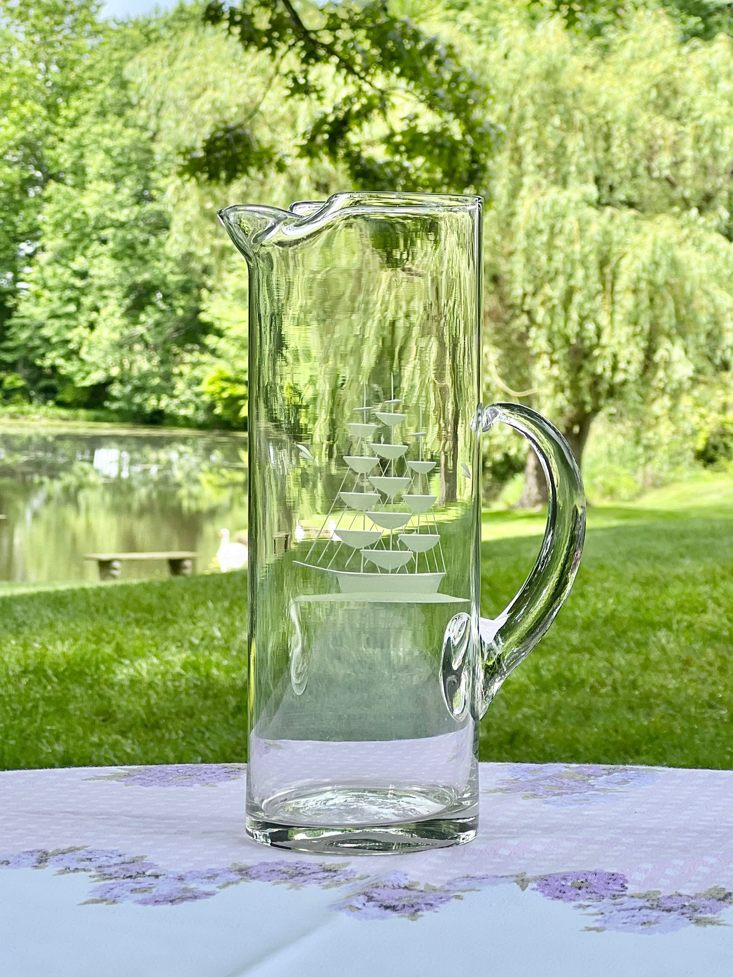 Vintage deals Pitcher Etched Sailboat Windjammer Clear Glass Nautical Sailing Bar