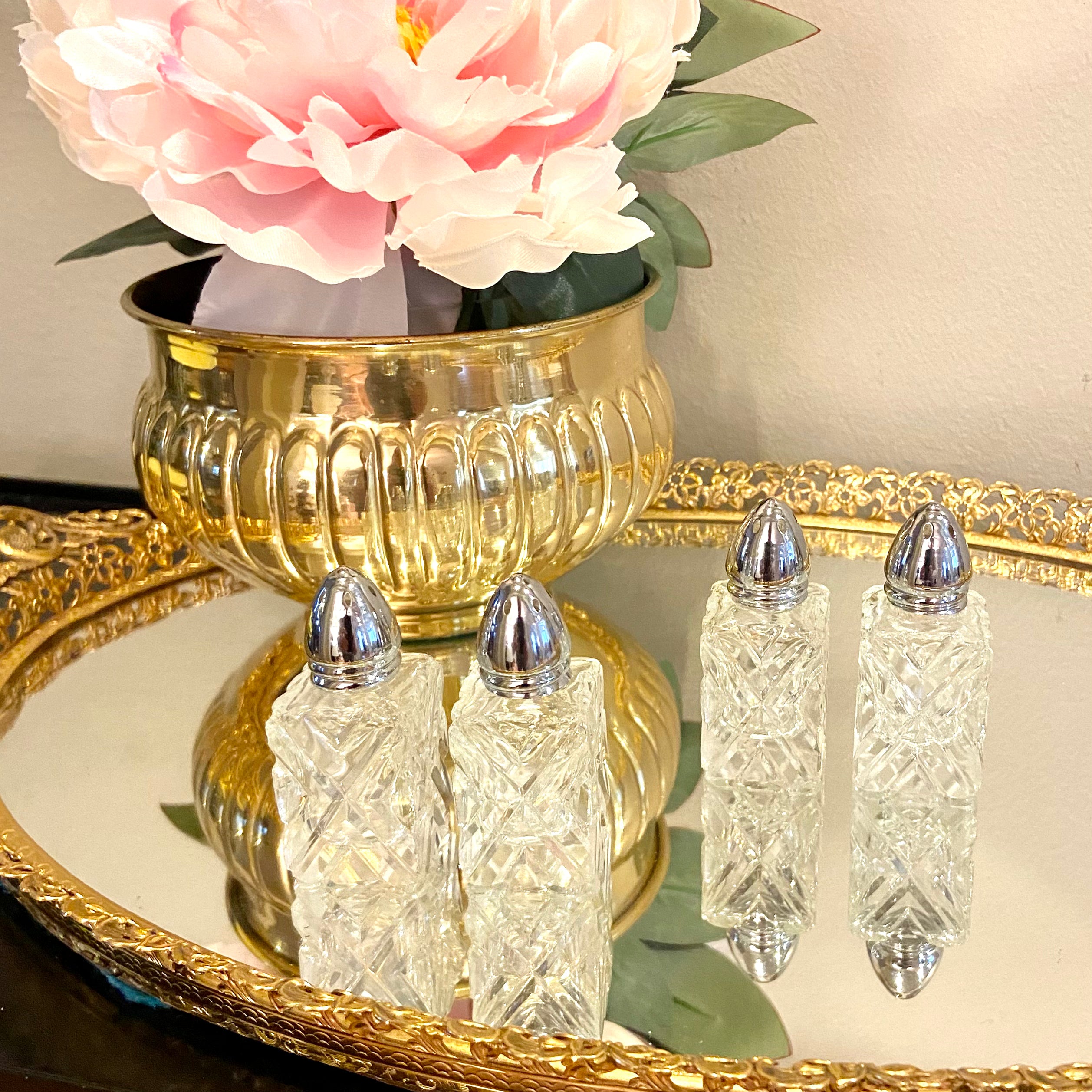 Fancy Crystal 2.75 Tall Cut Glass Salt & Pepper Shaker Set w Decorative SP  Tops