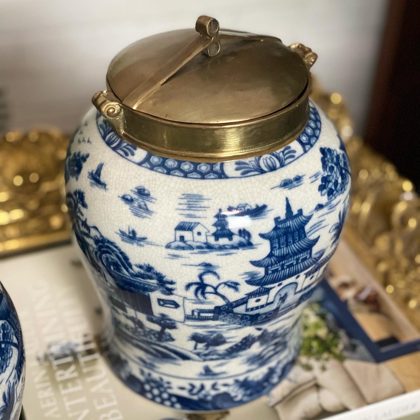 13” Tall Blue/White Porcelain Pagoda Jar W/ Bronze Lid