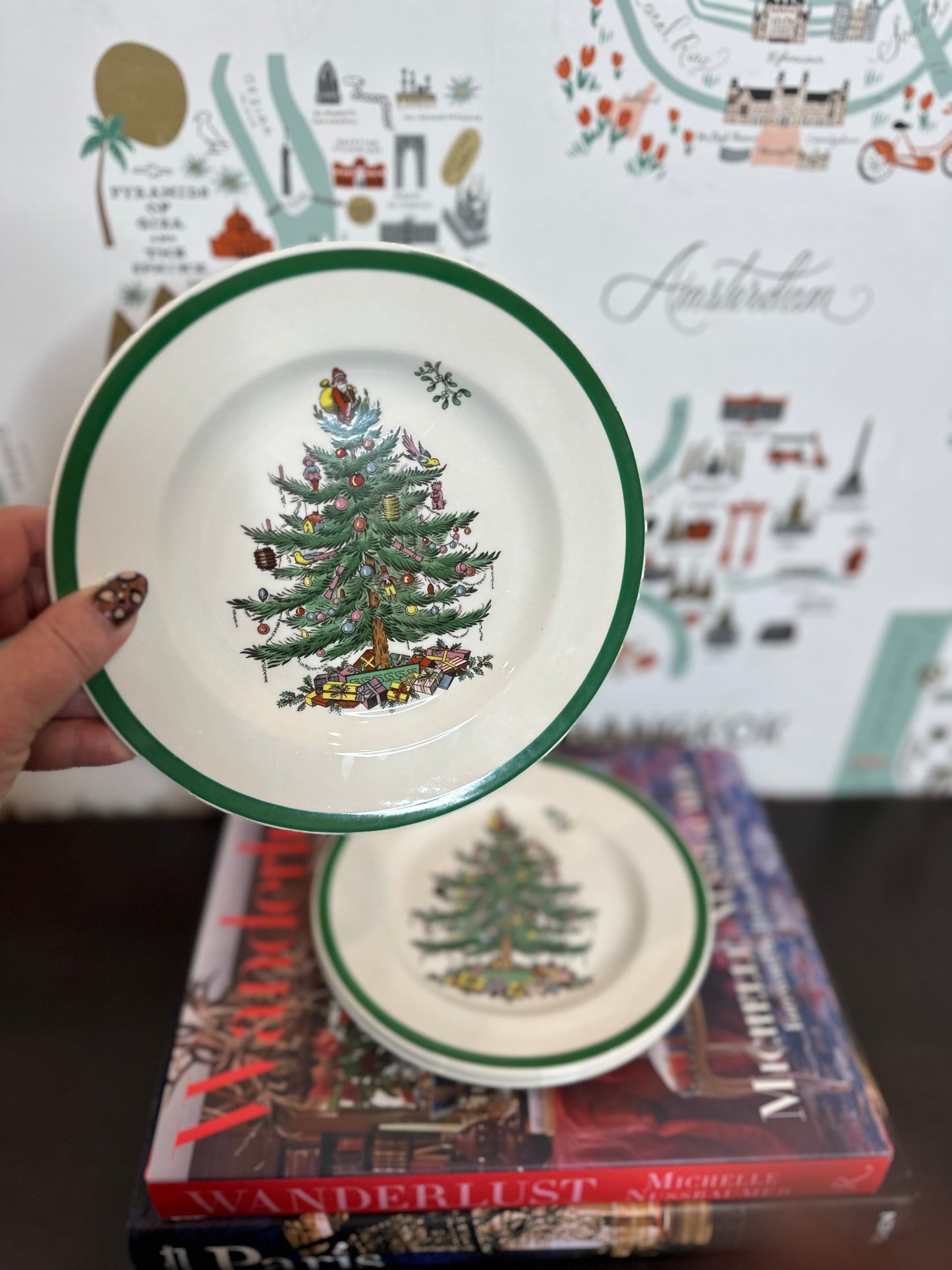 Vintage Spode Christmas Tree Salad Plates, Set of 4, Made in England, 7.75"