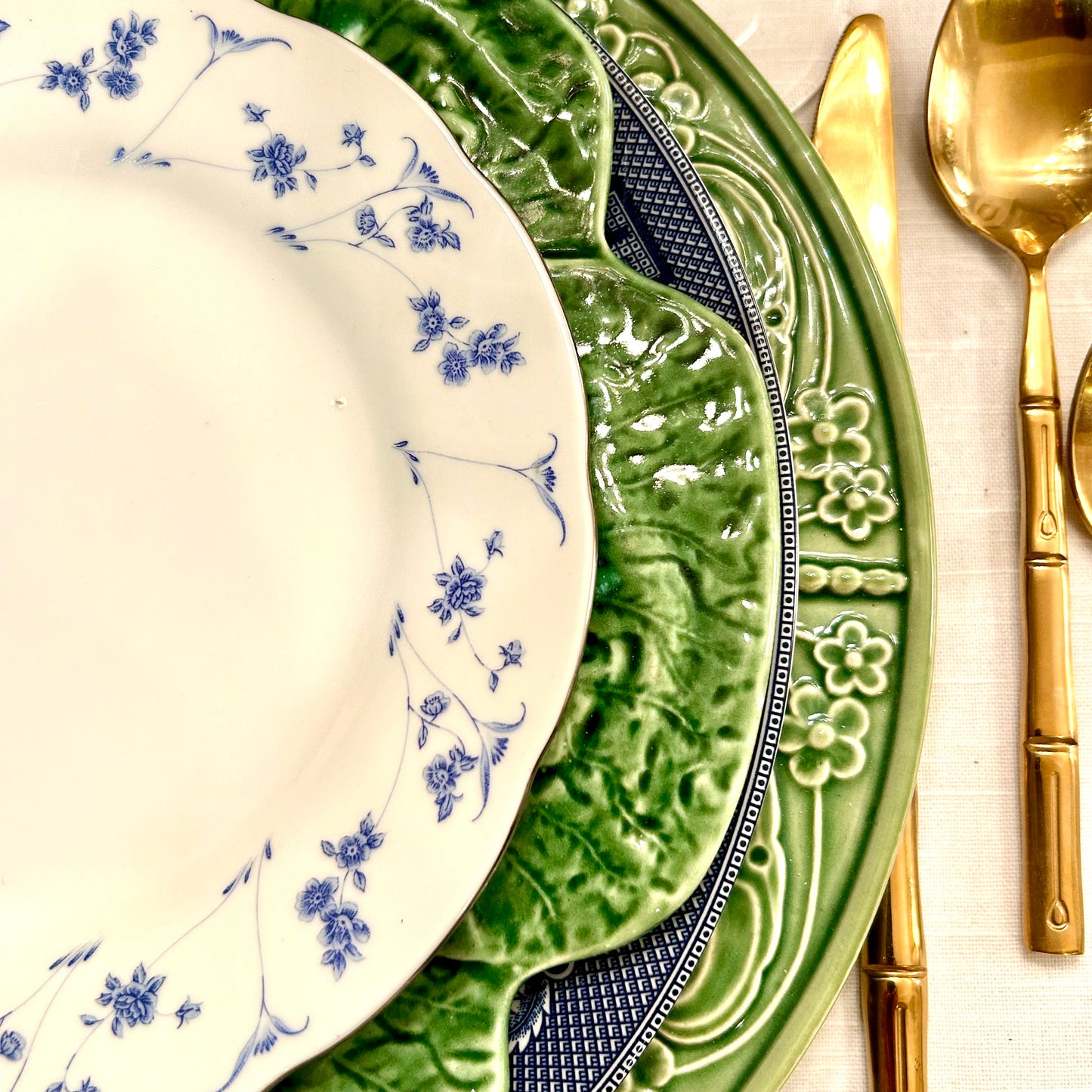 Set of 9 blue & white vintage floral porcelain dessert or salad plates.