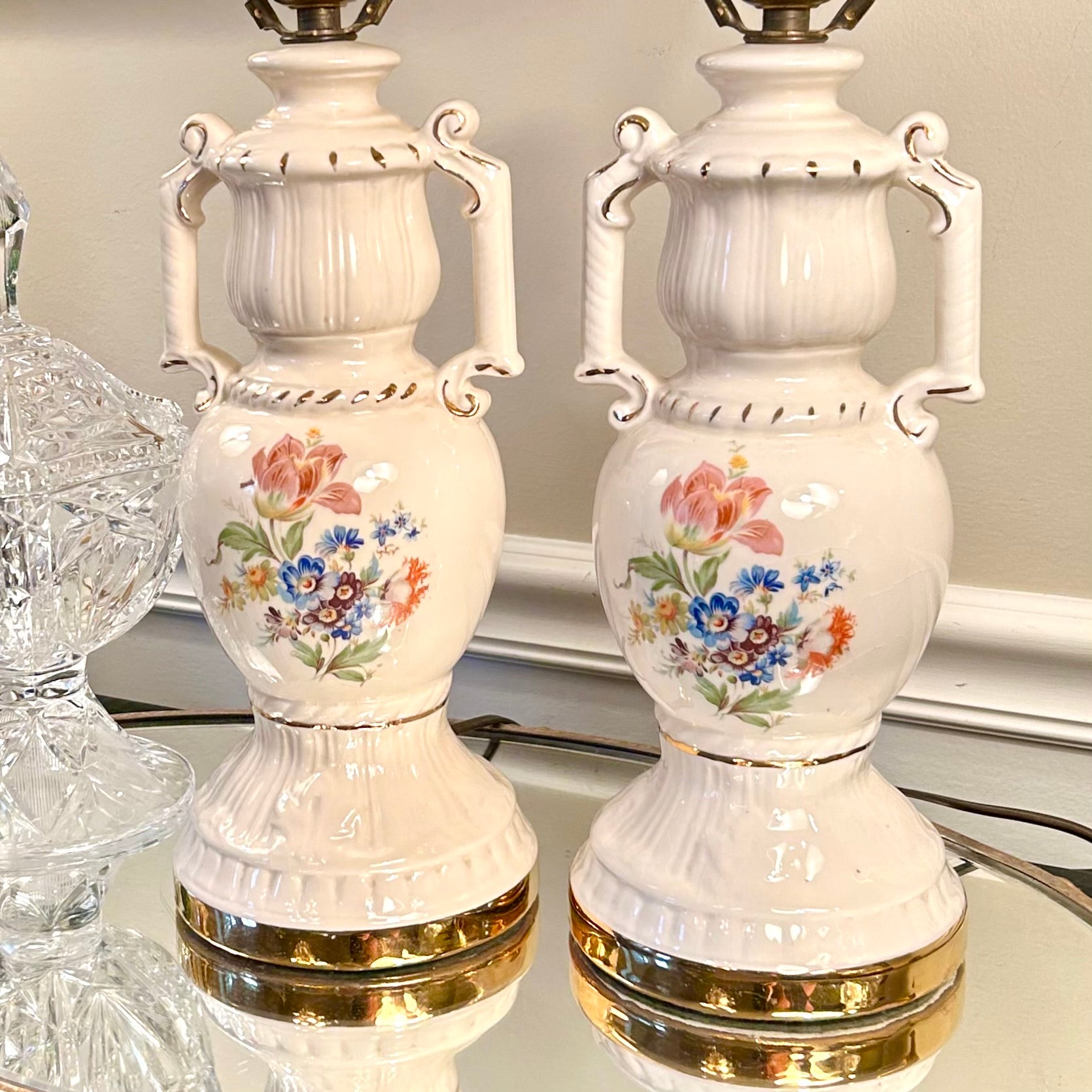 Pair of vintage porcelain lamps popular floral footed tested