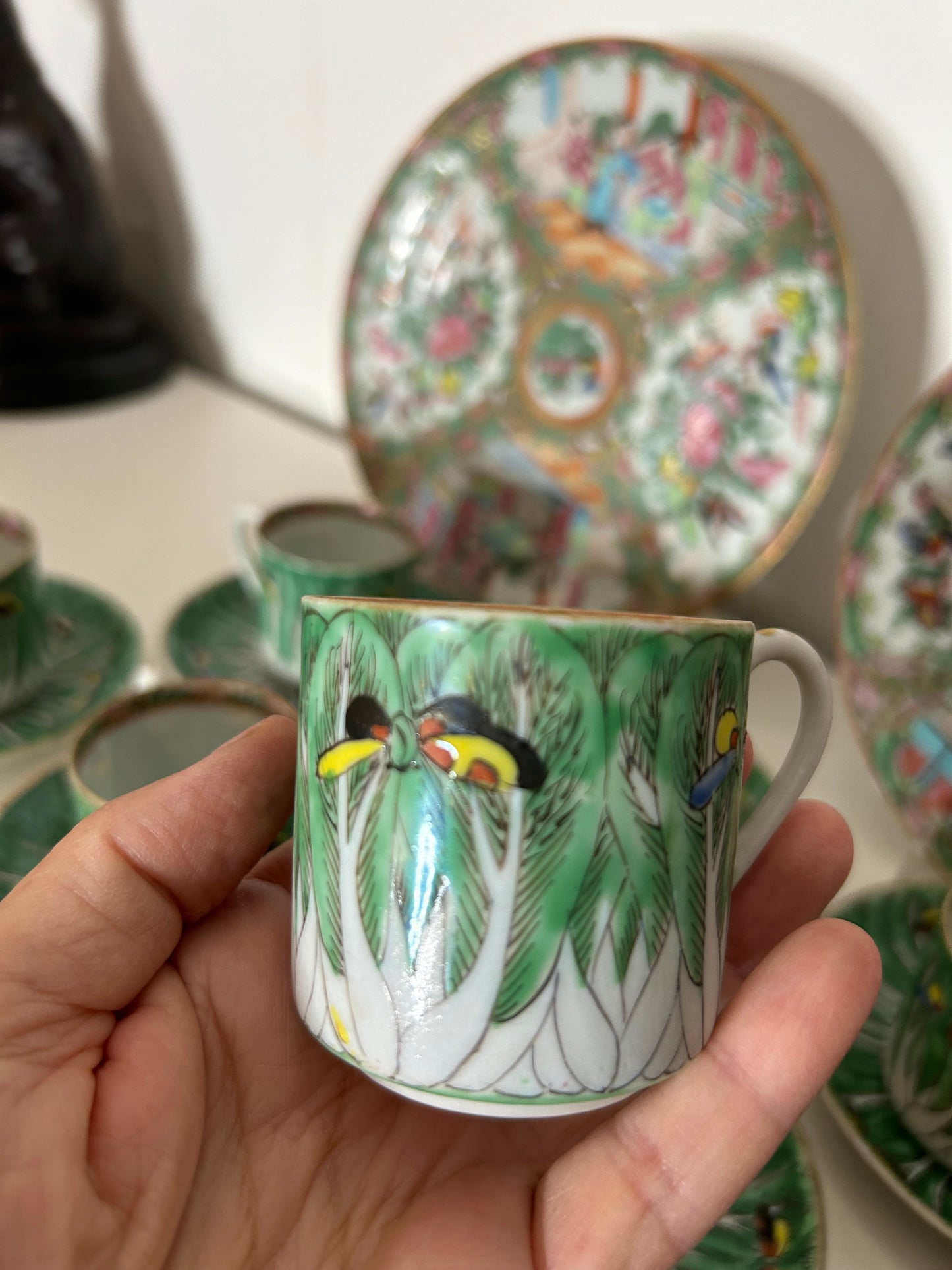 RM 11/1Antique Bok Choy Cups and Saucers 8 Sets Available will split in half