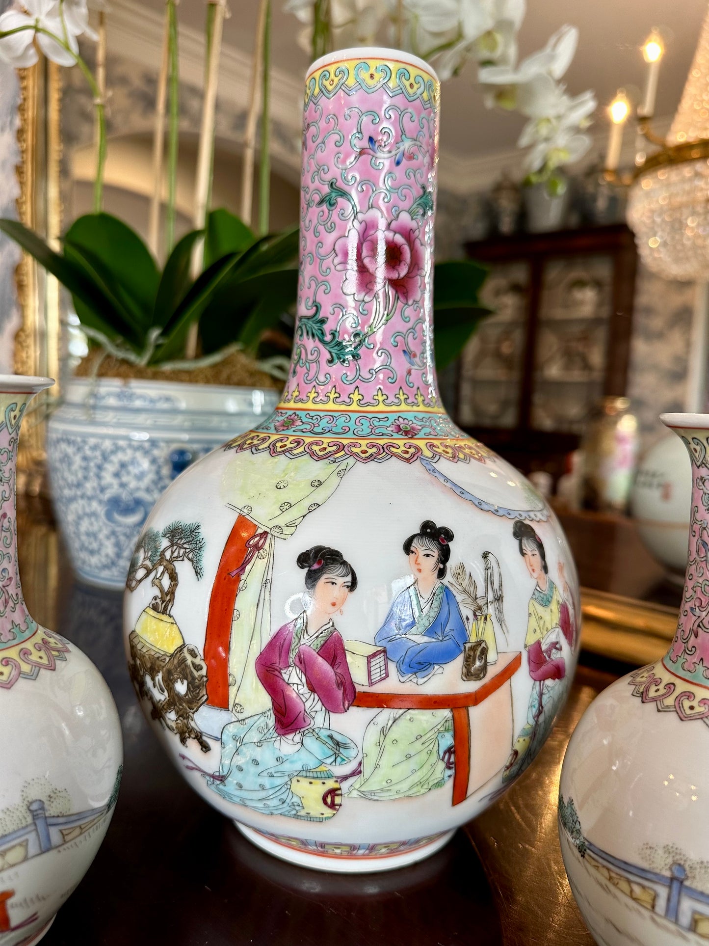 Gorgeous Vintage Pink Chinese Famille Trio Vase Set