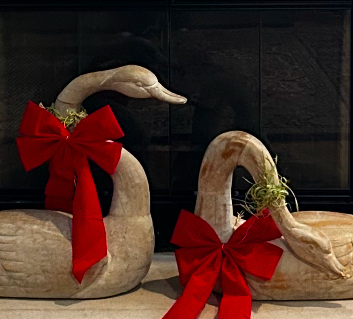 Set of Vintage hand carved white washed wood massive swan statues