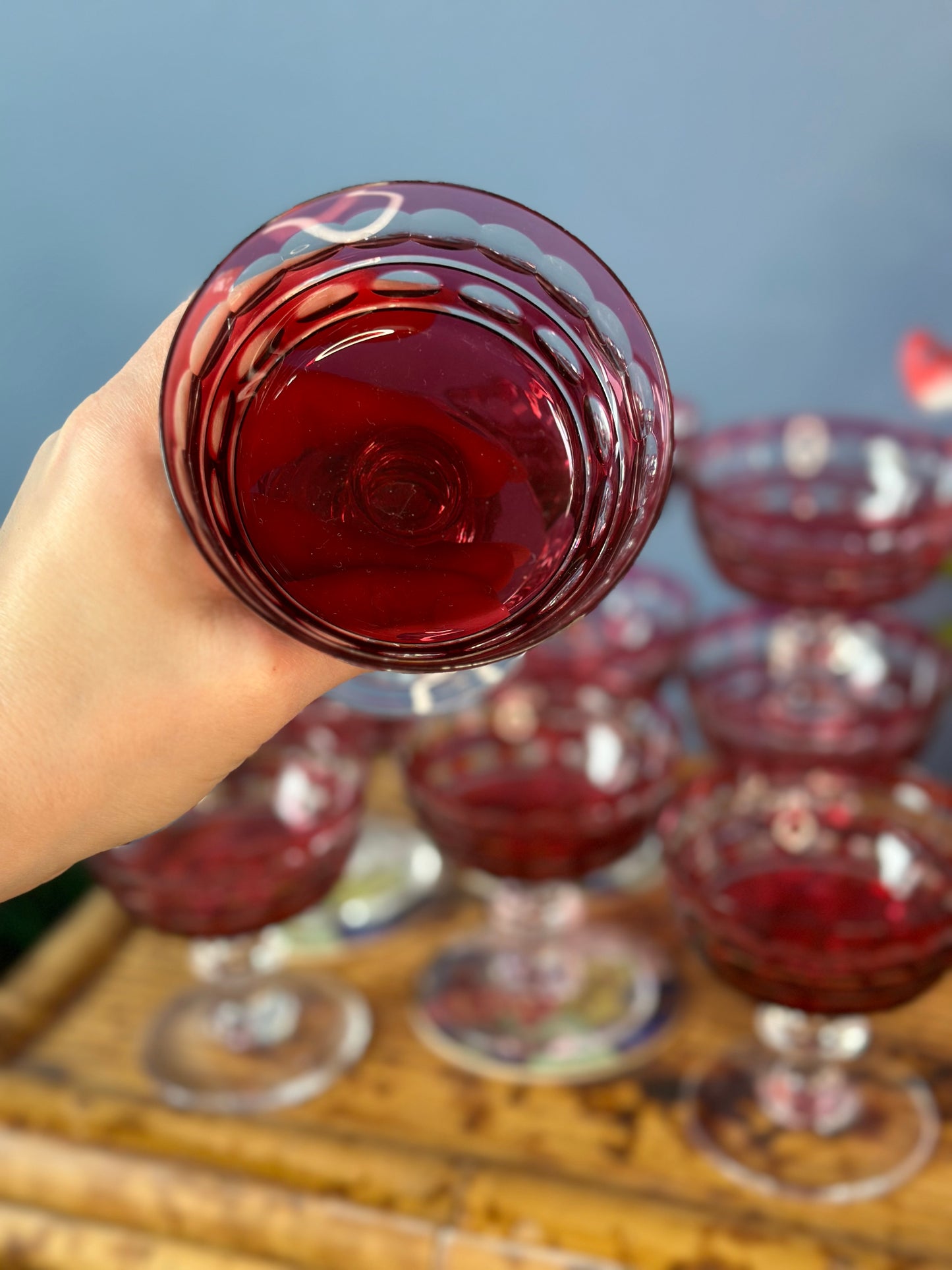 VAL ST. LAMBERT Set 10 "BLARNEY" CRANBERRY CUT-TO-CLEAR CRYSTAL PEDESTAL SHERBET