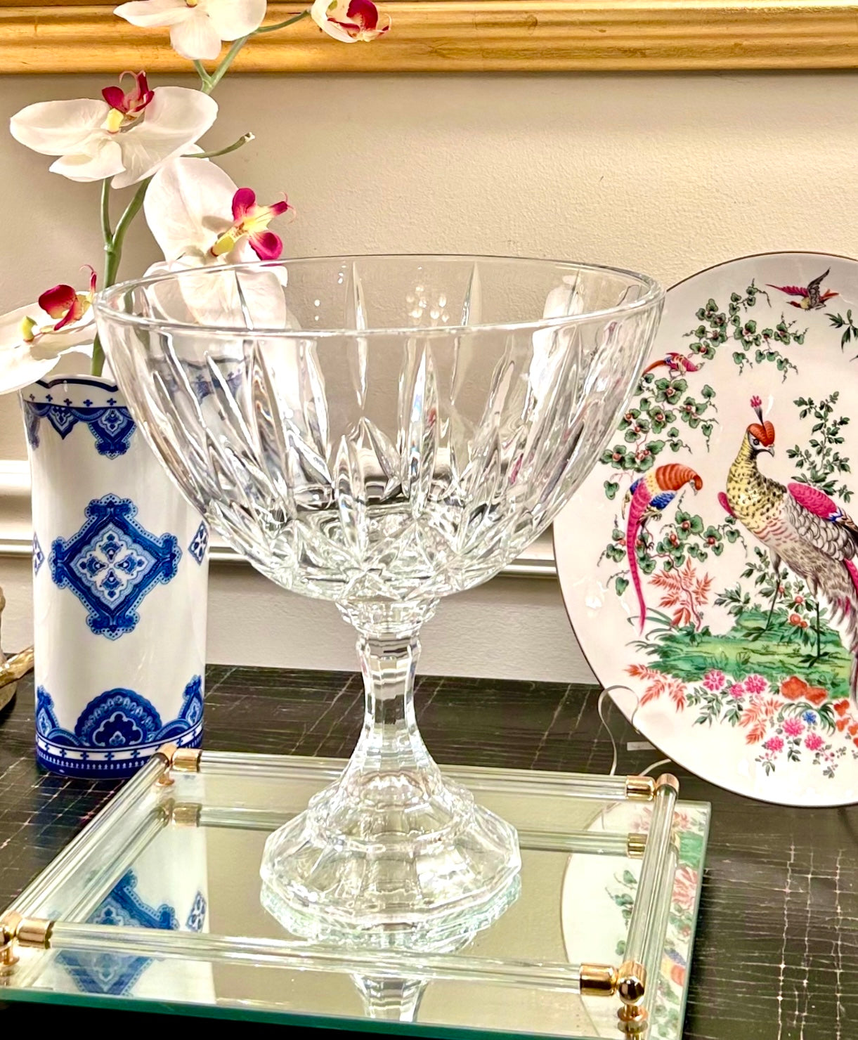 Stunning statuesque massive footed crystal bowl centerpiece