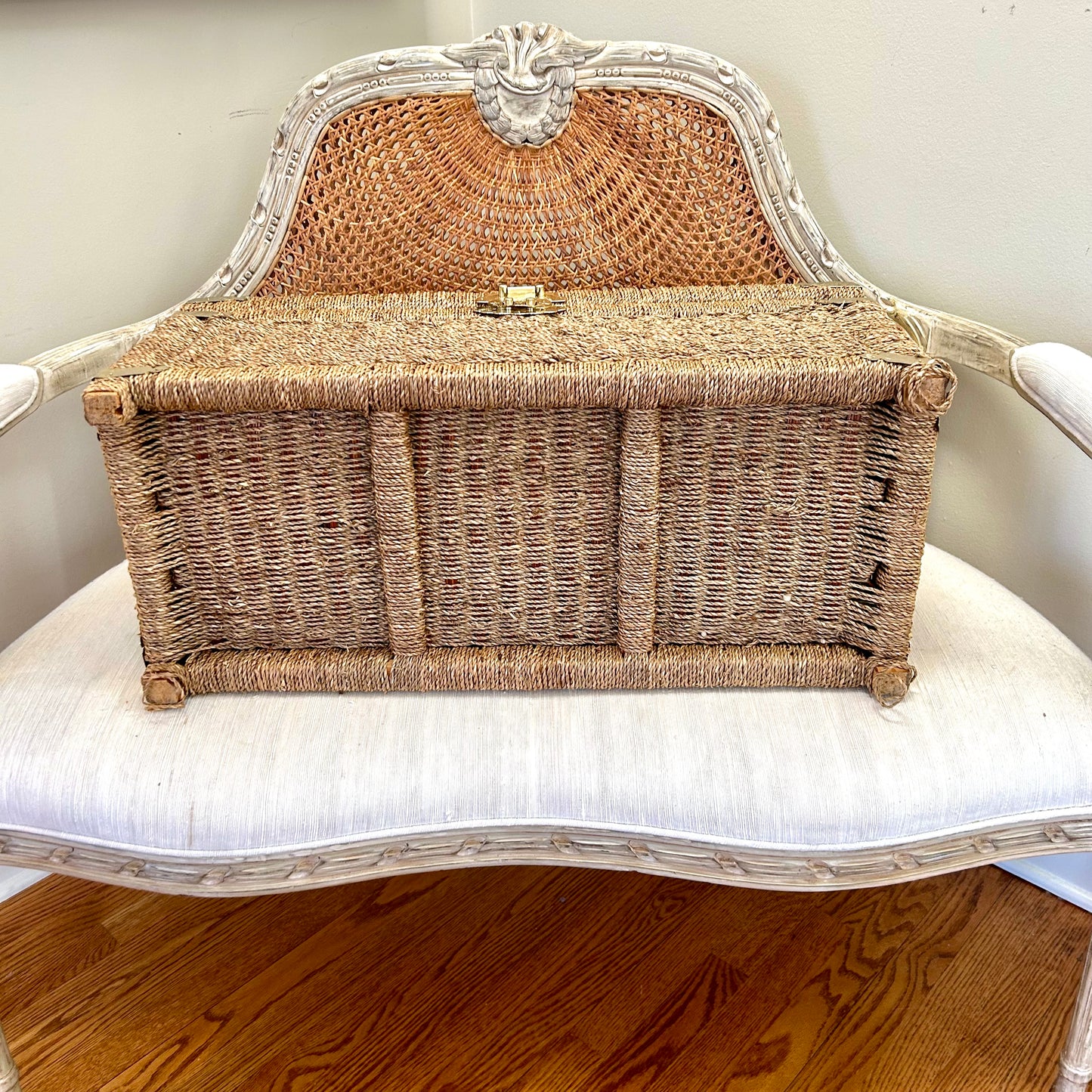 Chinoiserie chic brass and rattan storage chest trunk