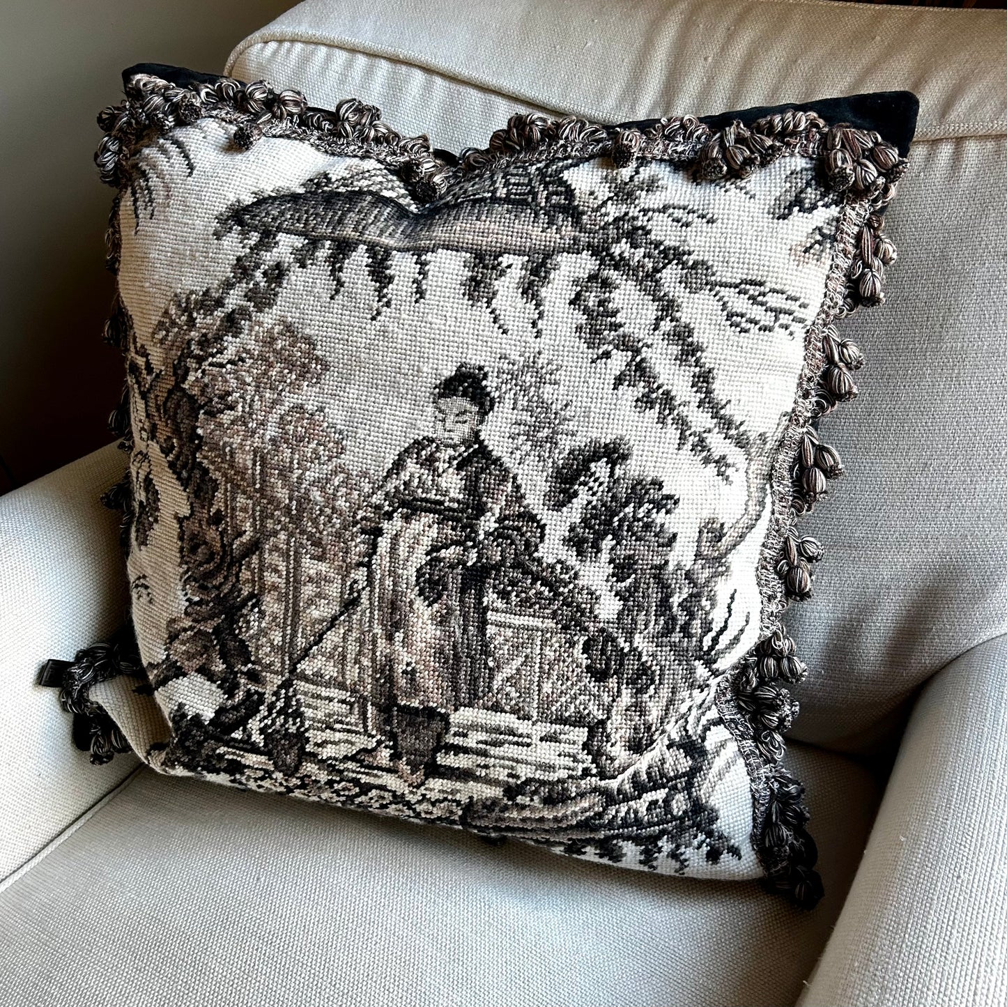 Absolutely stunning oversized chinoiserie needlepoint pillow.