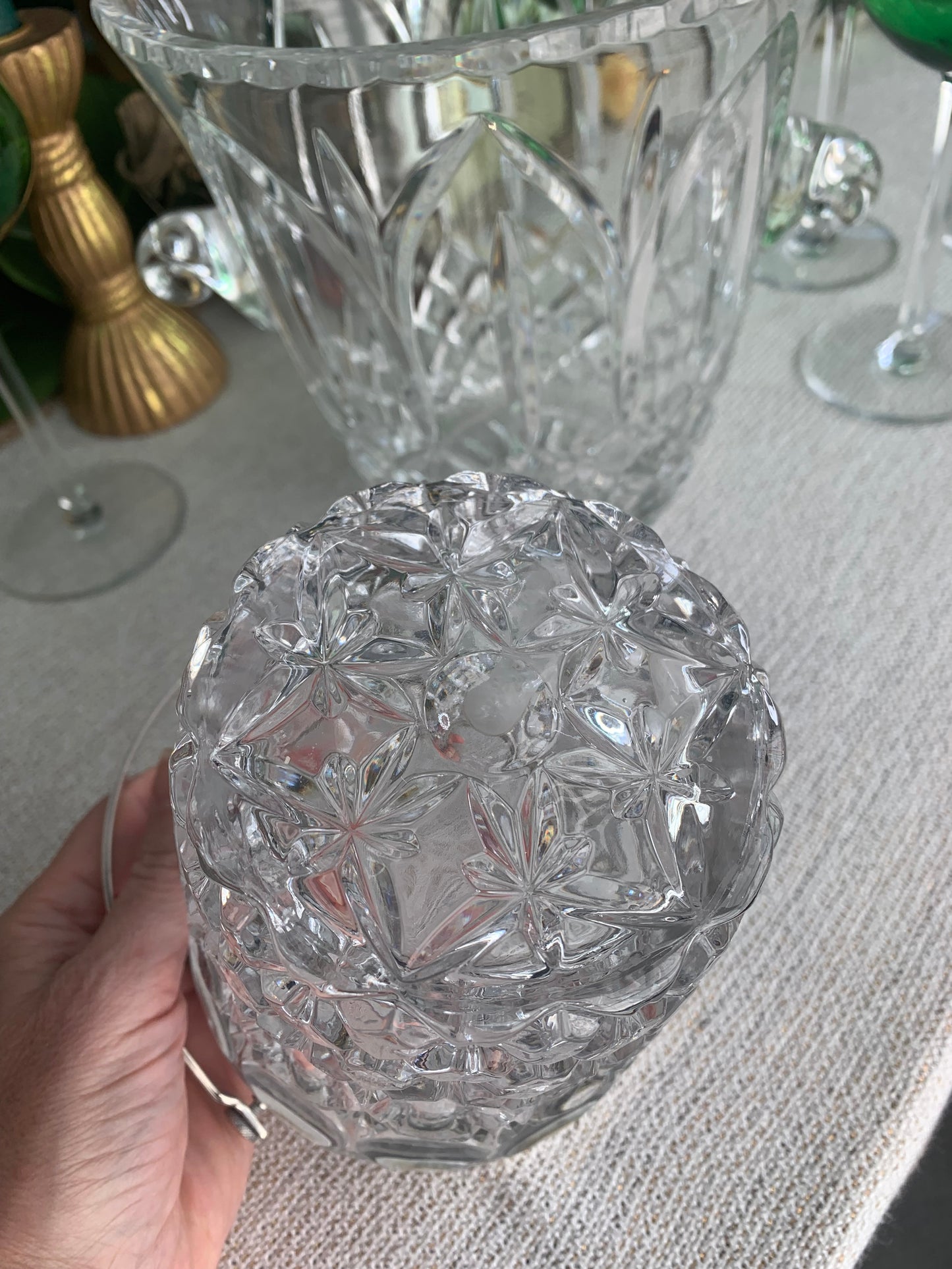 Small Heavy Crystal ice bucket with silverplate rim and handle