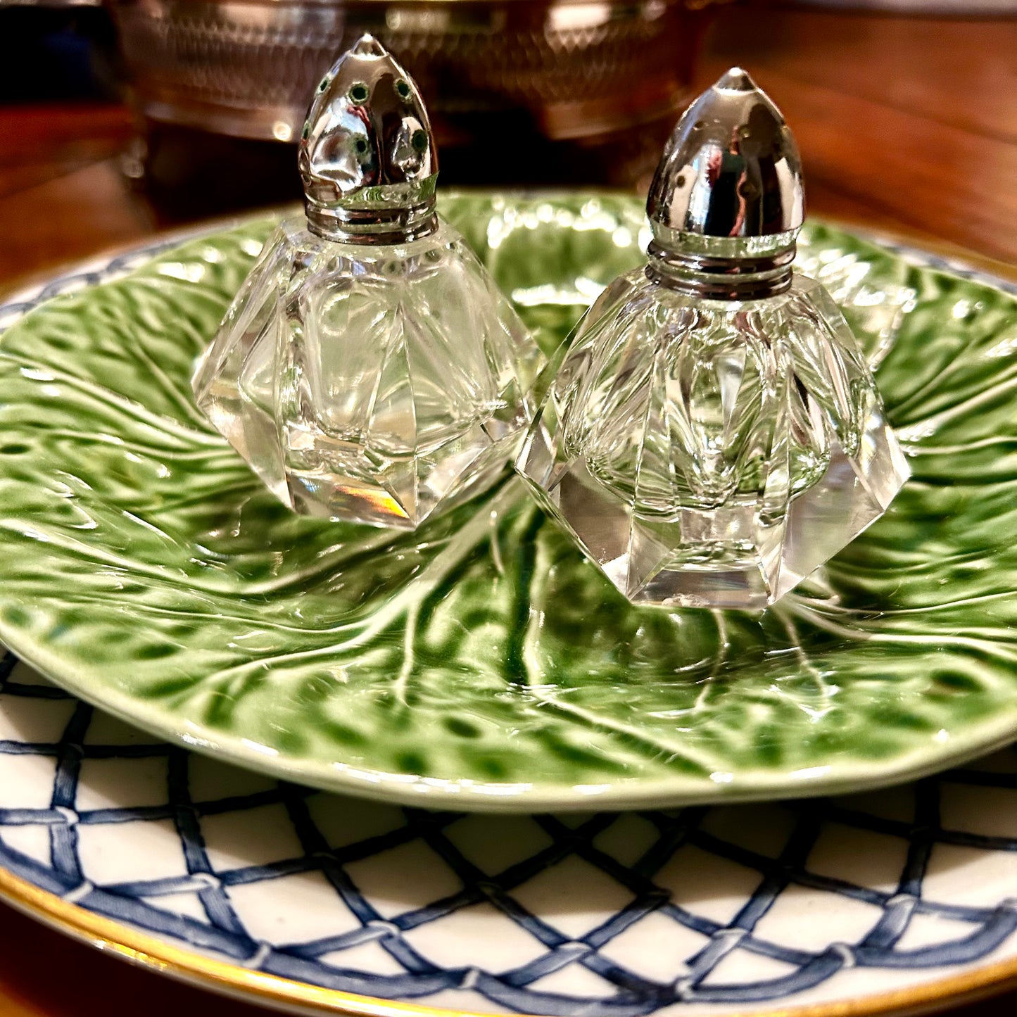 Pair statuesque  vintage cut crystal salt and pepper shakers