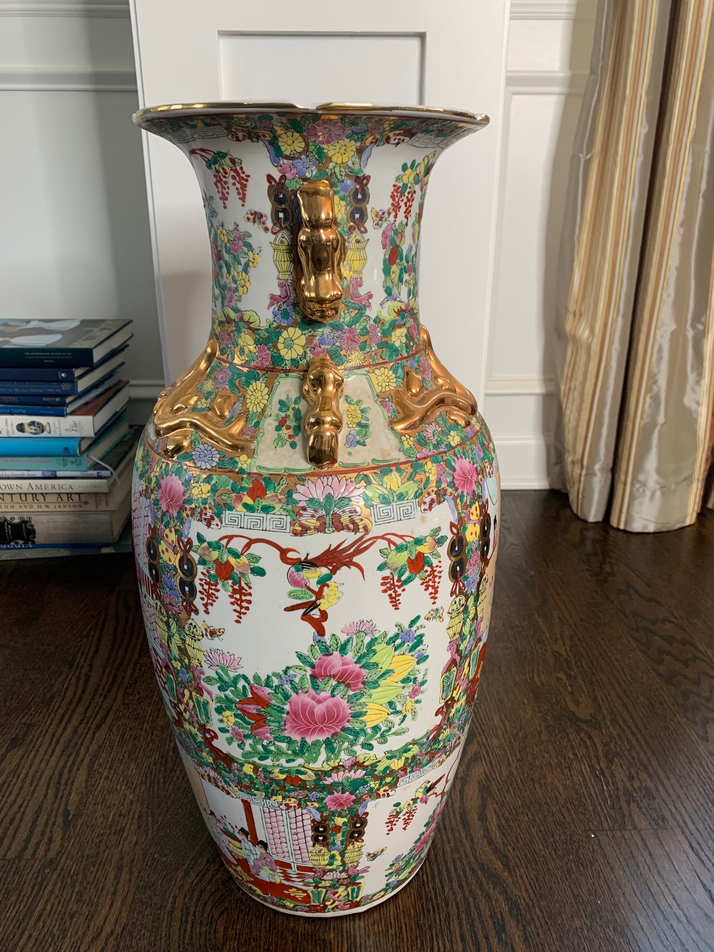 Large Rose Famille Floor Vase with gold detail