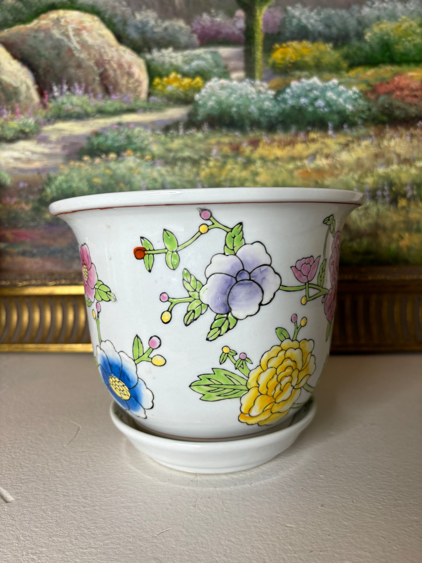 Beautiful Chinoiserie floral planter with drainage hole and under plate!