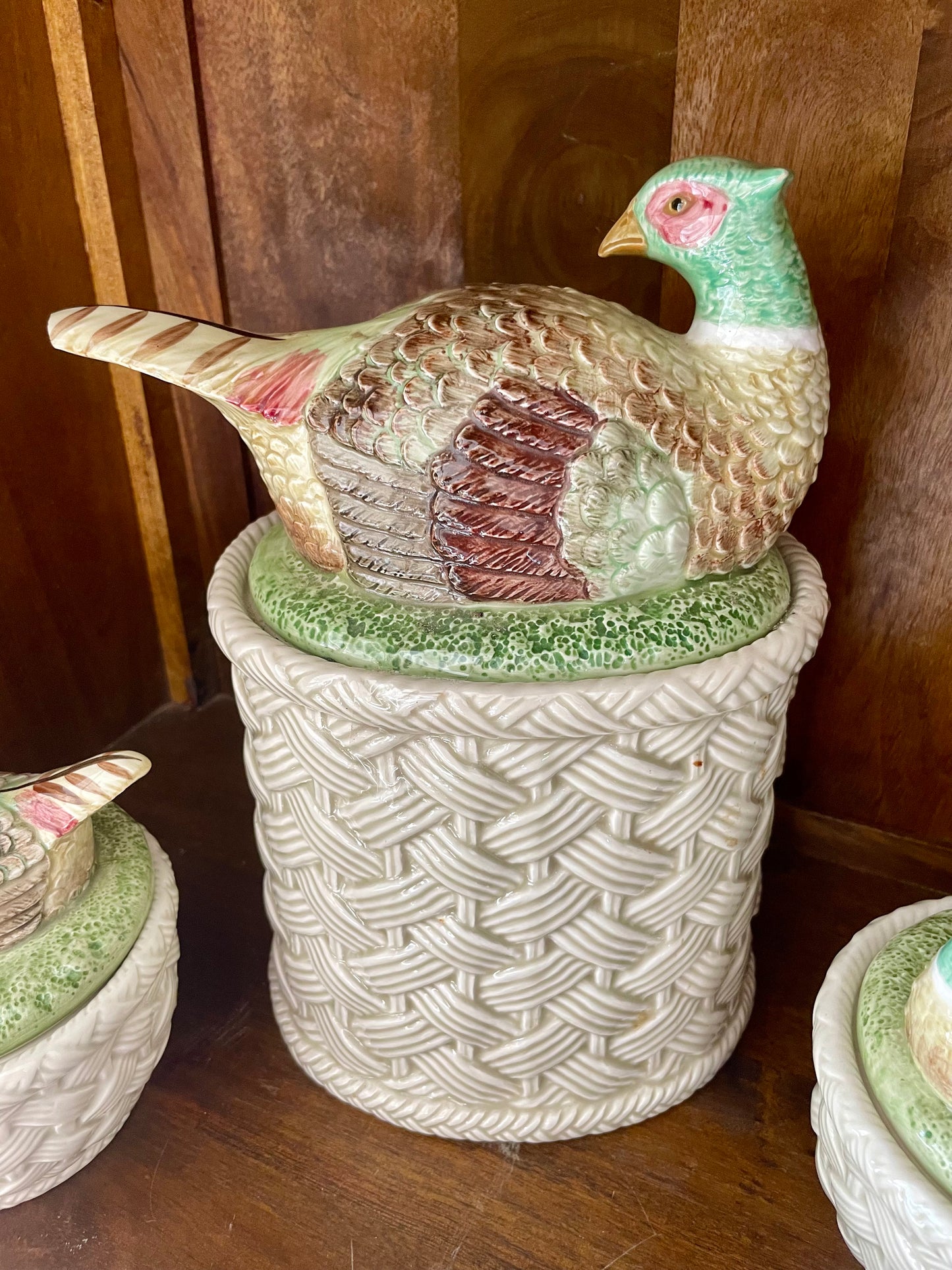 Vintage Fitz & Floyd Set of 3 Pheasant Lidded Canisters with Basket Weave Design from 1985 - Pristine!