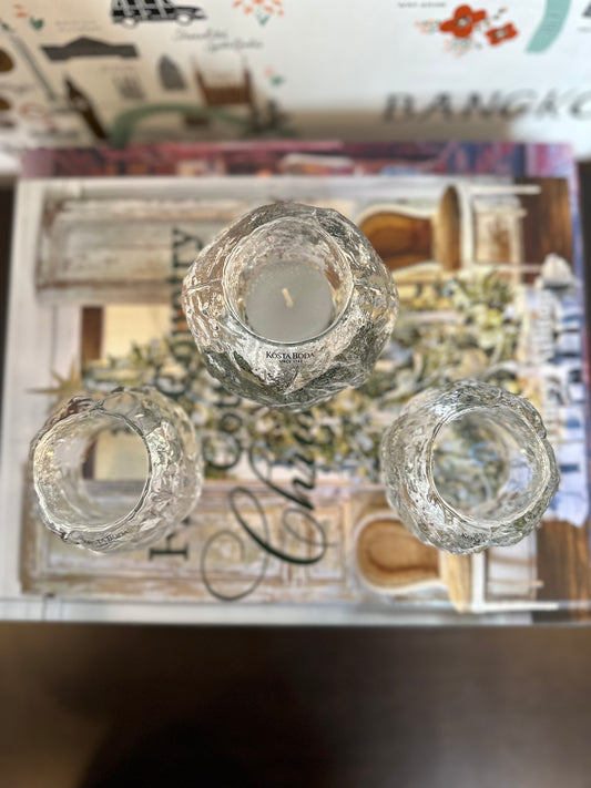 Pristine Kosta Boda Crystal Snowball Candle Holders Gift Set of Three, Made in Sweden