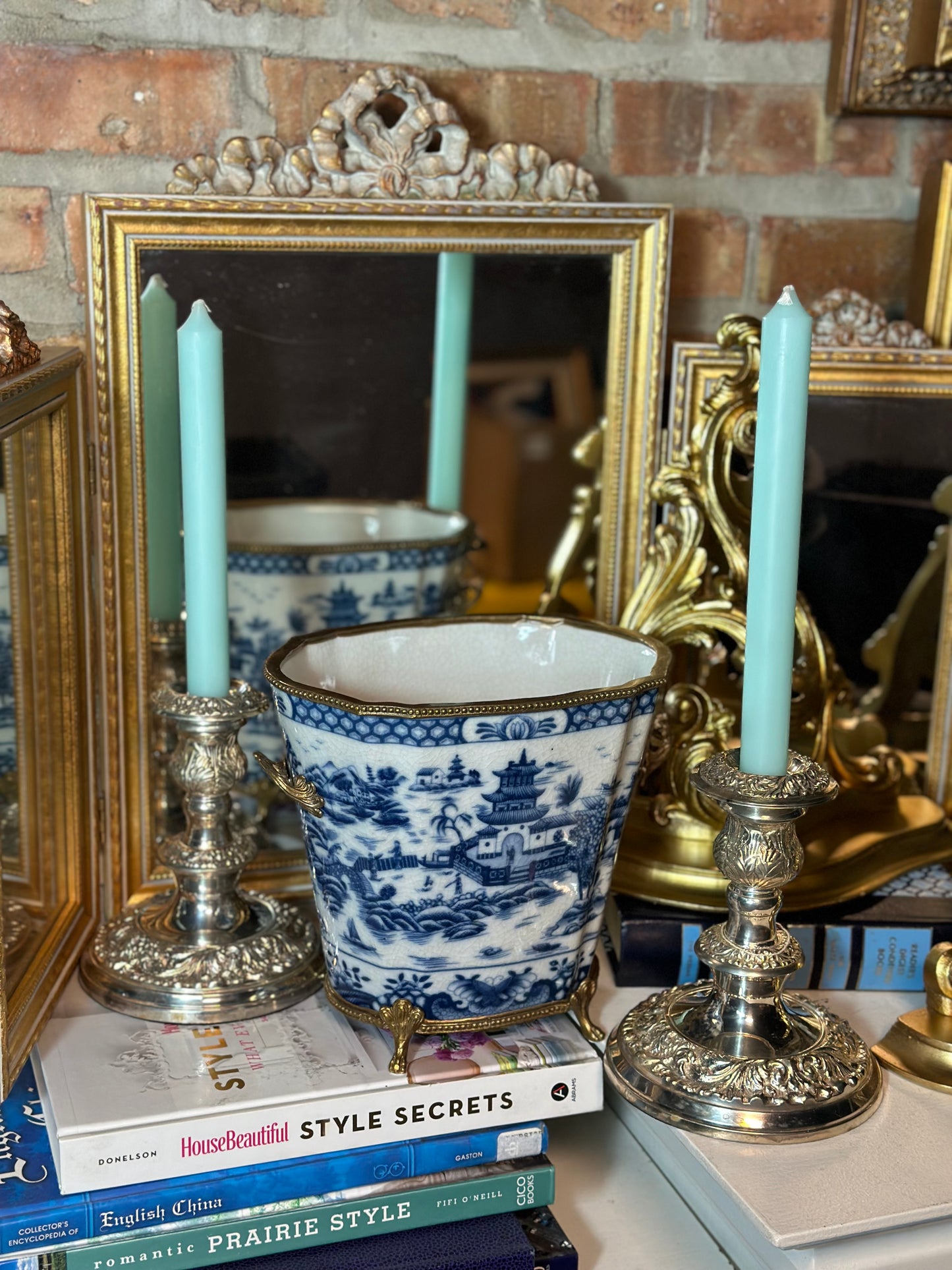 STORY SALE - Blue & White Porcelain Planter W/ Bronze Footings & Details, 7.5" Tall