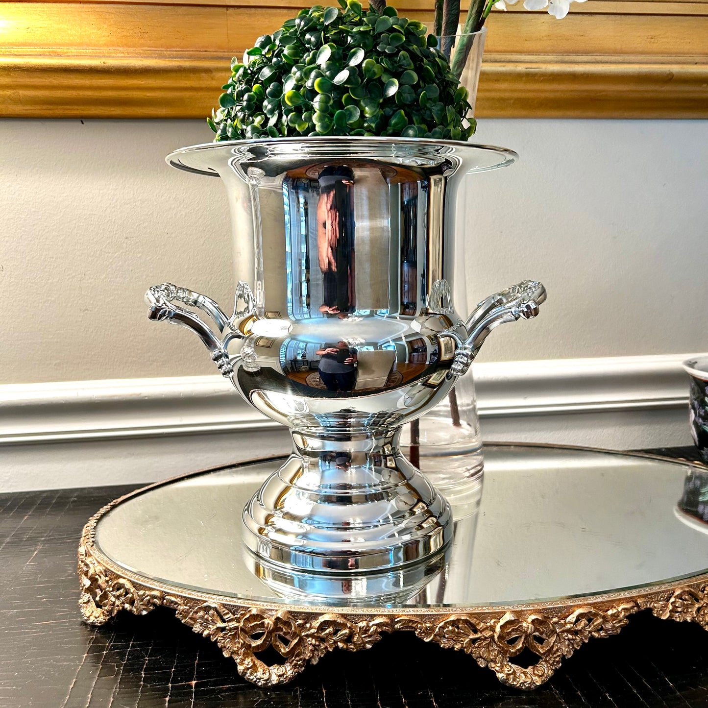 Sparkling Designer baroque heavy silver plate double handle champagne bucket planter by Oneida