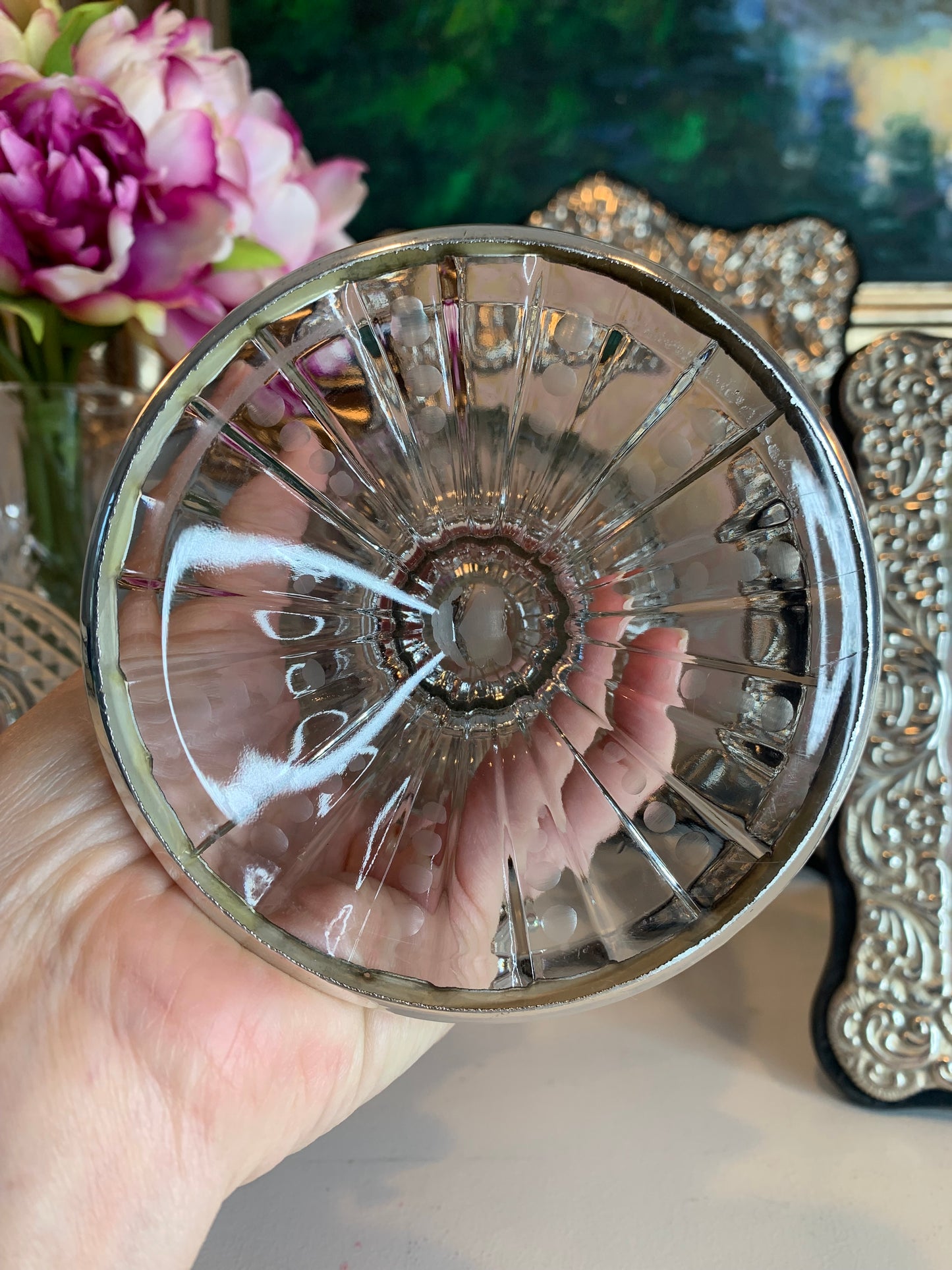 Hand Engraved Crystal vase with Sterling Mounted Rim and Base