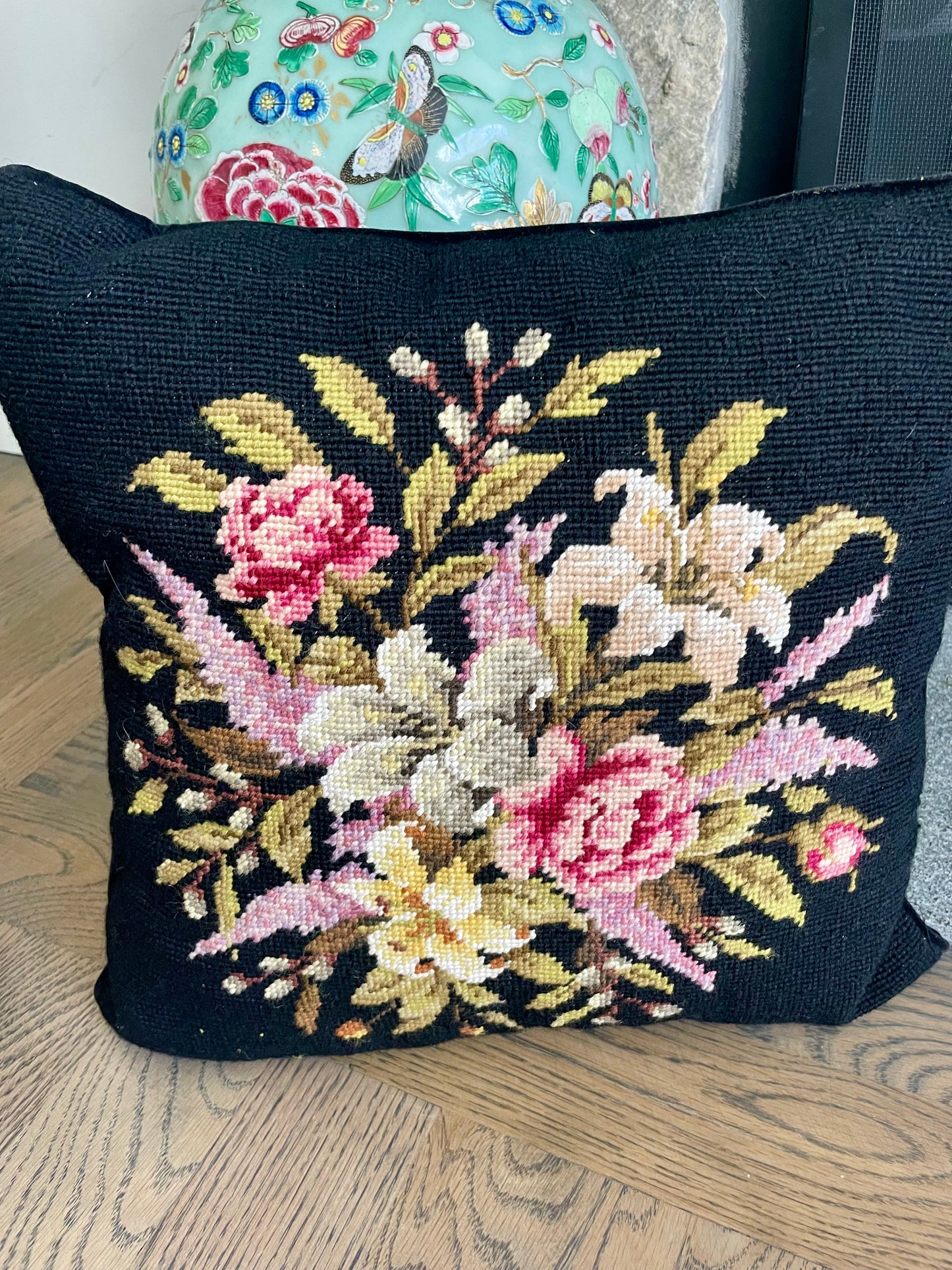 Stunning Vintage Pair of Needlepoint Floral Pillows with Down Insert & Velvet Backing