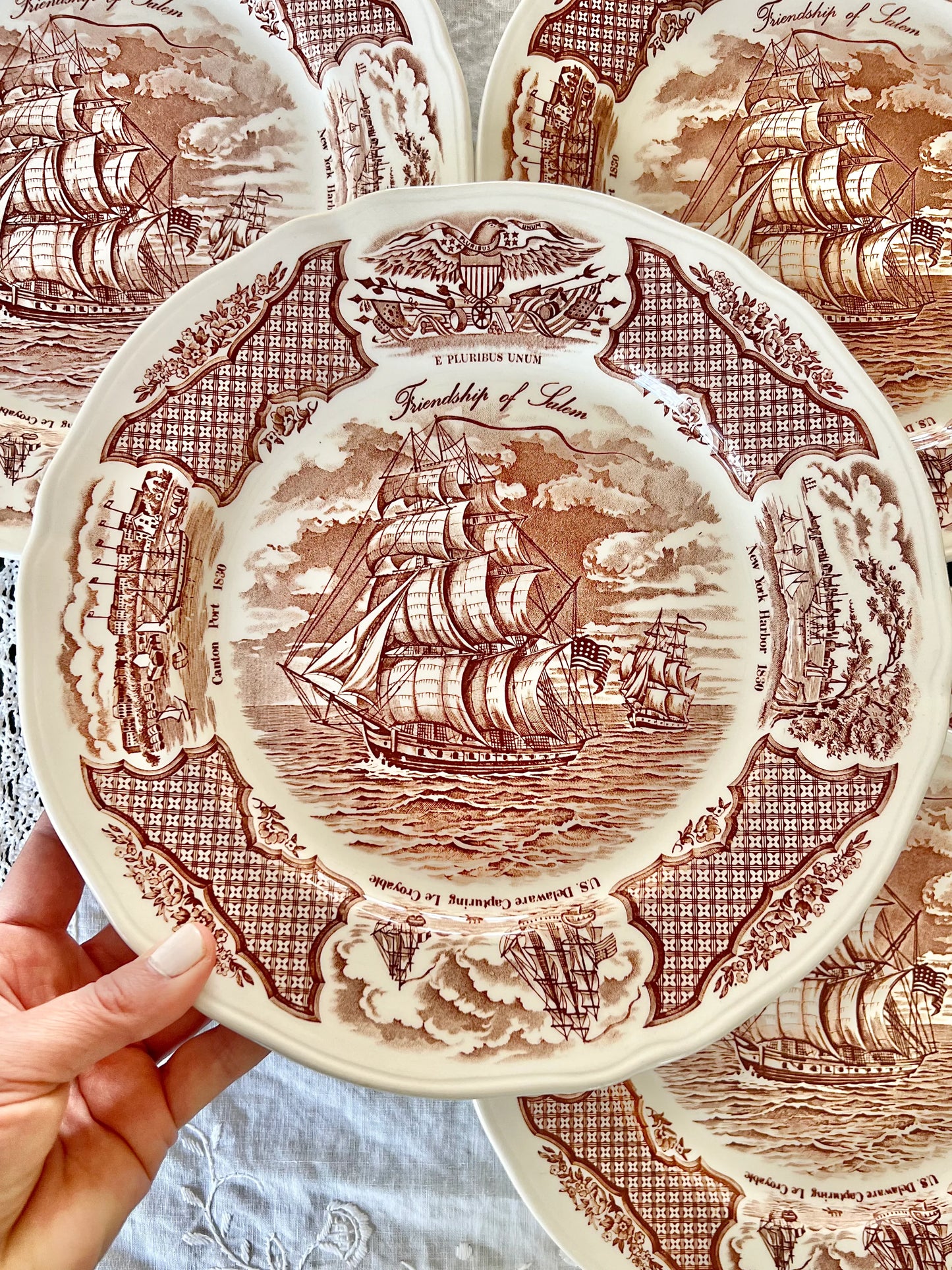 Vintage Set (8) Alfred Meakin “Friendship of Salem” Fair Winds Dinner Plates - Excellent!