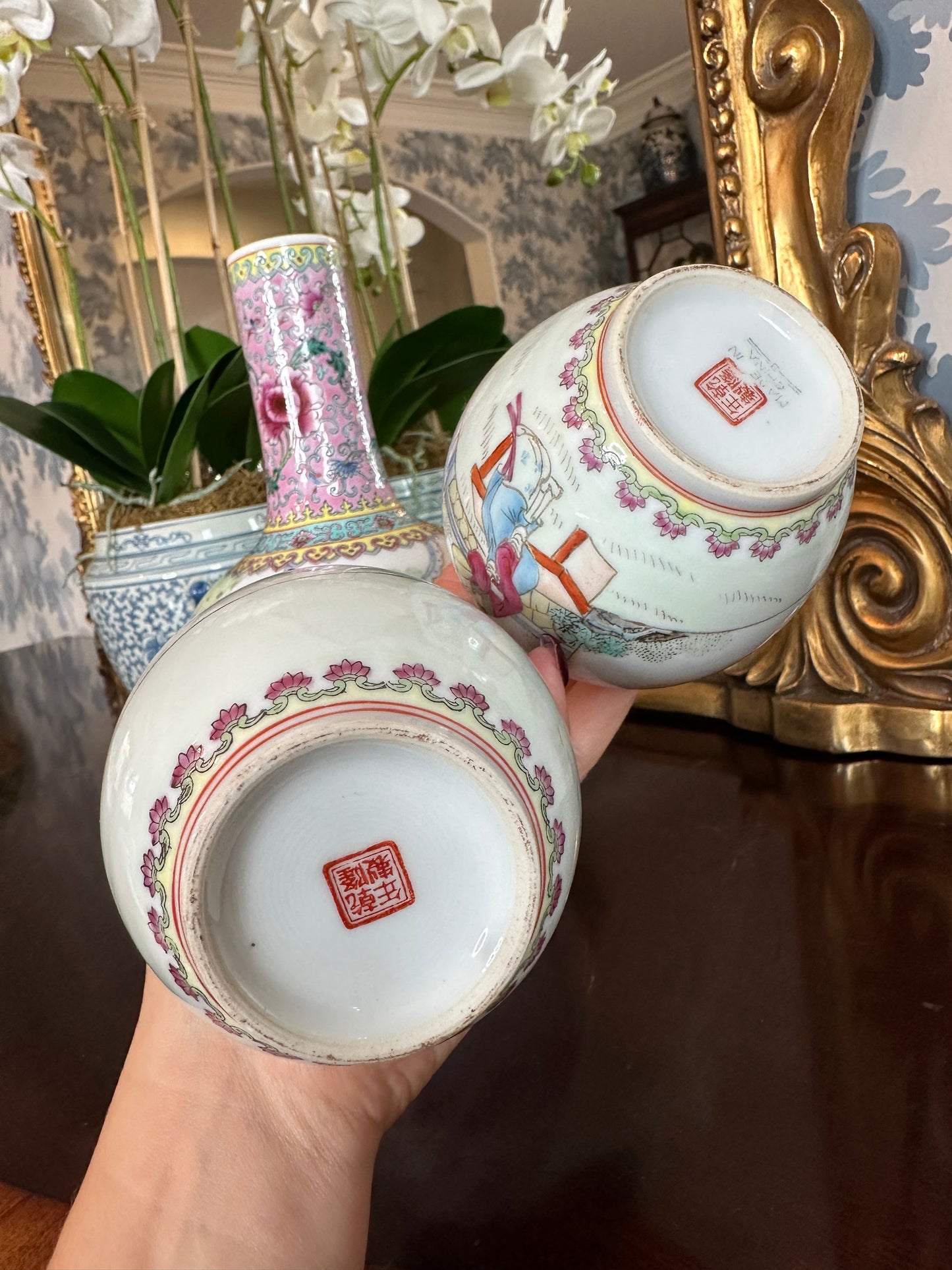 Gorgeous Vintage Pink Chinese Famille Trio Vase Set