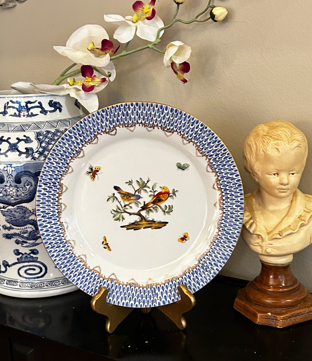 3 Available Gorgeous Large Andrea Sadek Fishnet Blue Banded Dinner Plates w Birds sold each