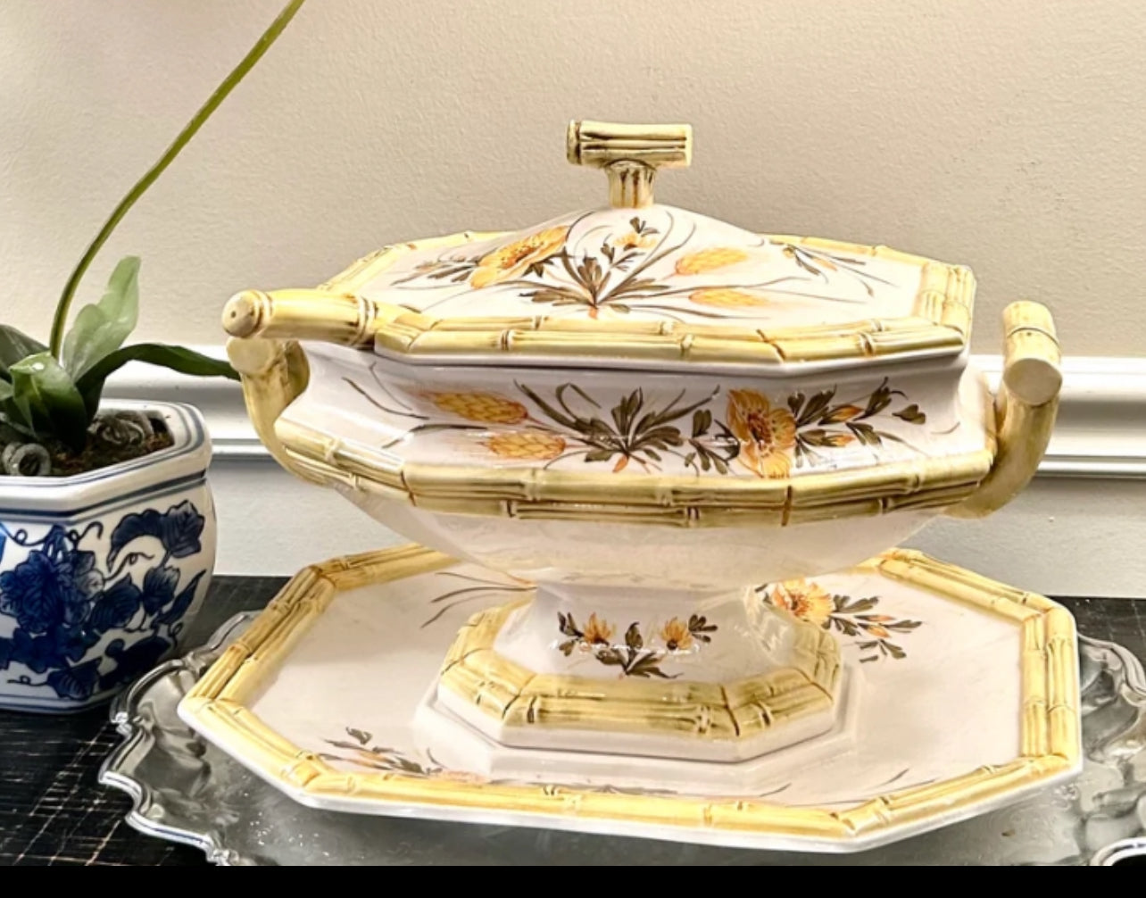 Rare 4 piece Mid Century Italian made palm beach regency faux bamboo tureen set.