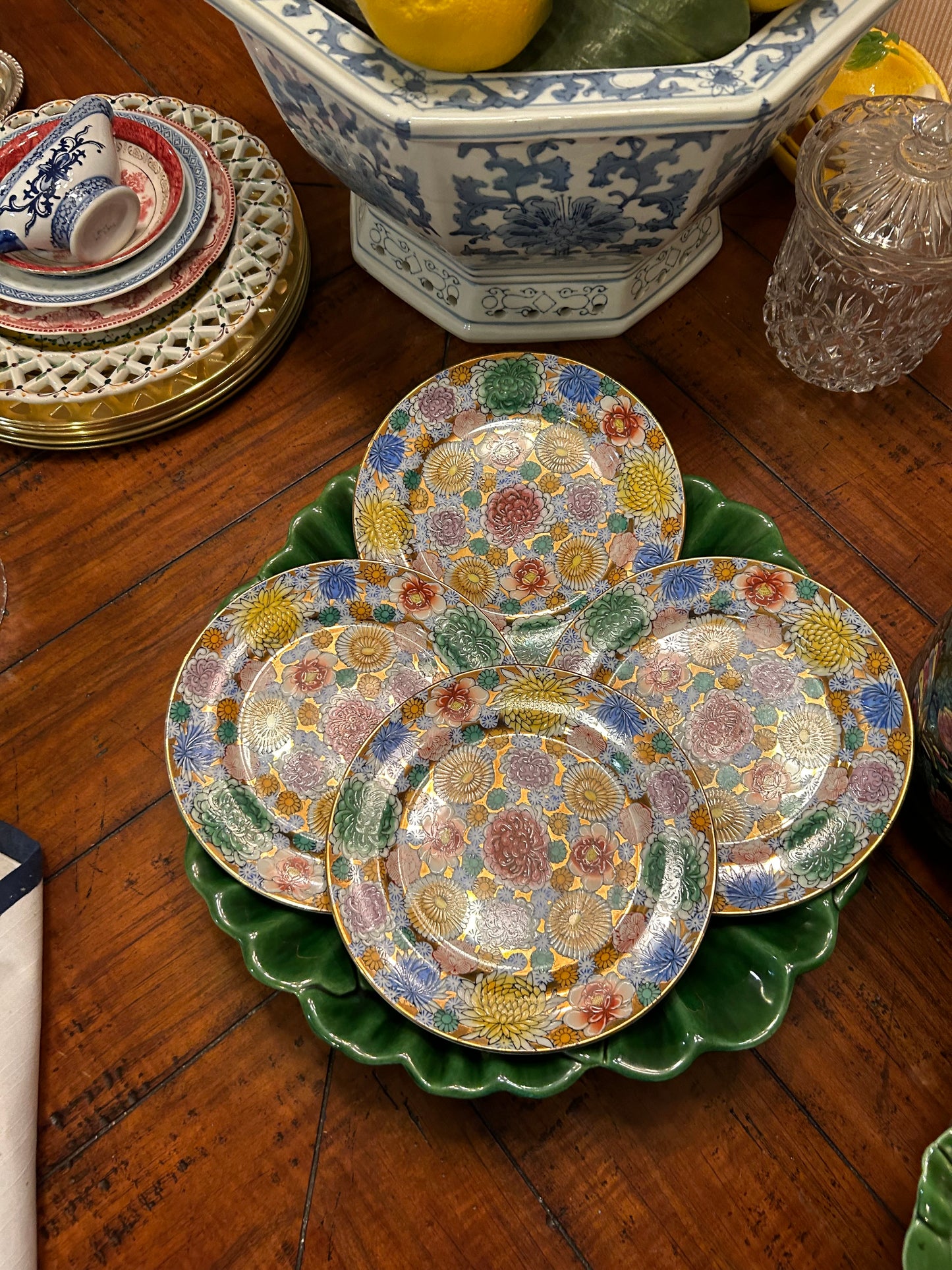 Rare set of 4 chrysanthemum stamped hand painted salad plates