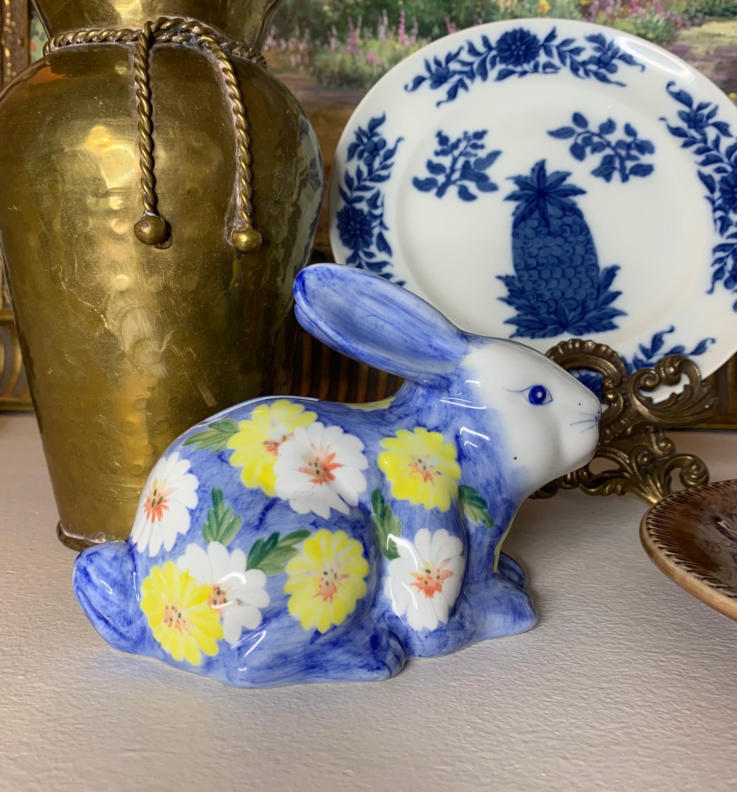 Sweetest Andrea by Sadek blue and white bunny bank with yellow flowers!