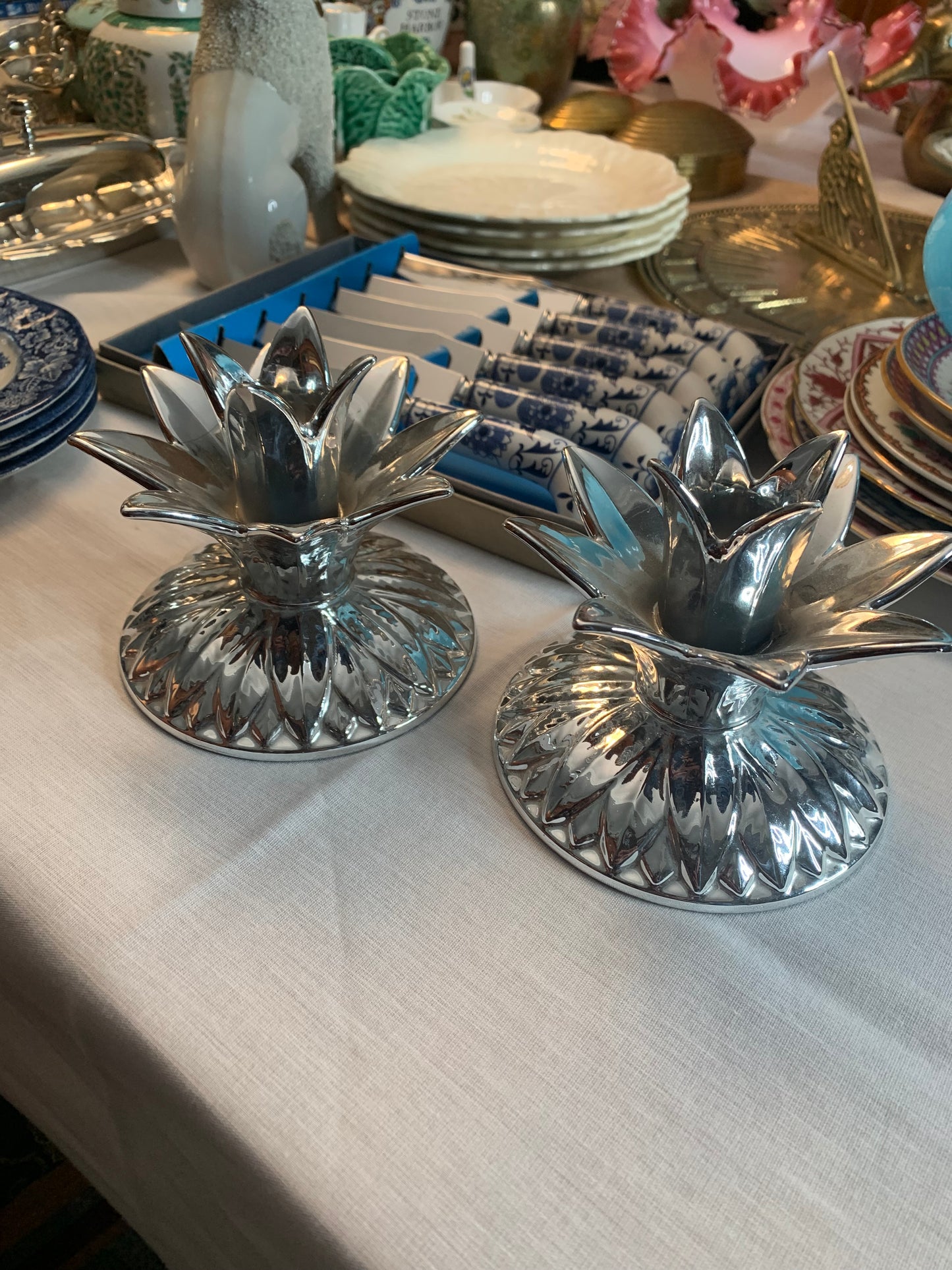 Pair of Fitz & Floyd Silver Ceramic Palm leaf Candle holders