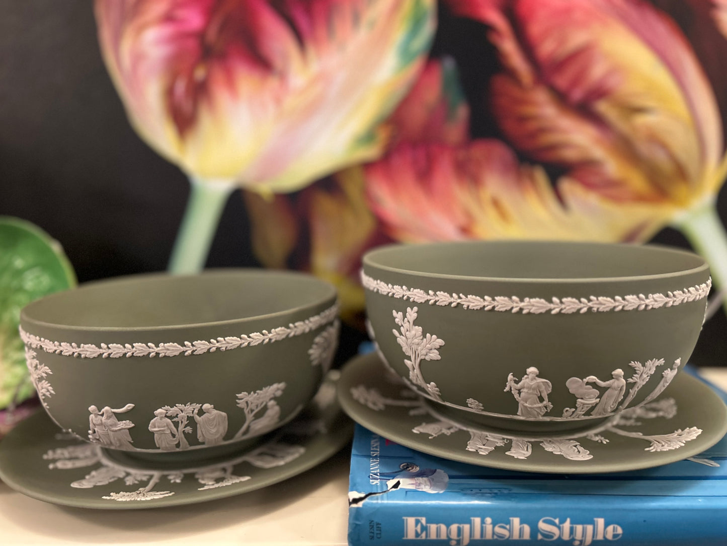 Vintage Wedgewood Sage Green Jasperware Large Bowls with Undertrays  Each Bowl and Tray are Priced as a Two piece set!