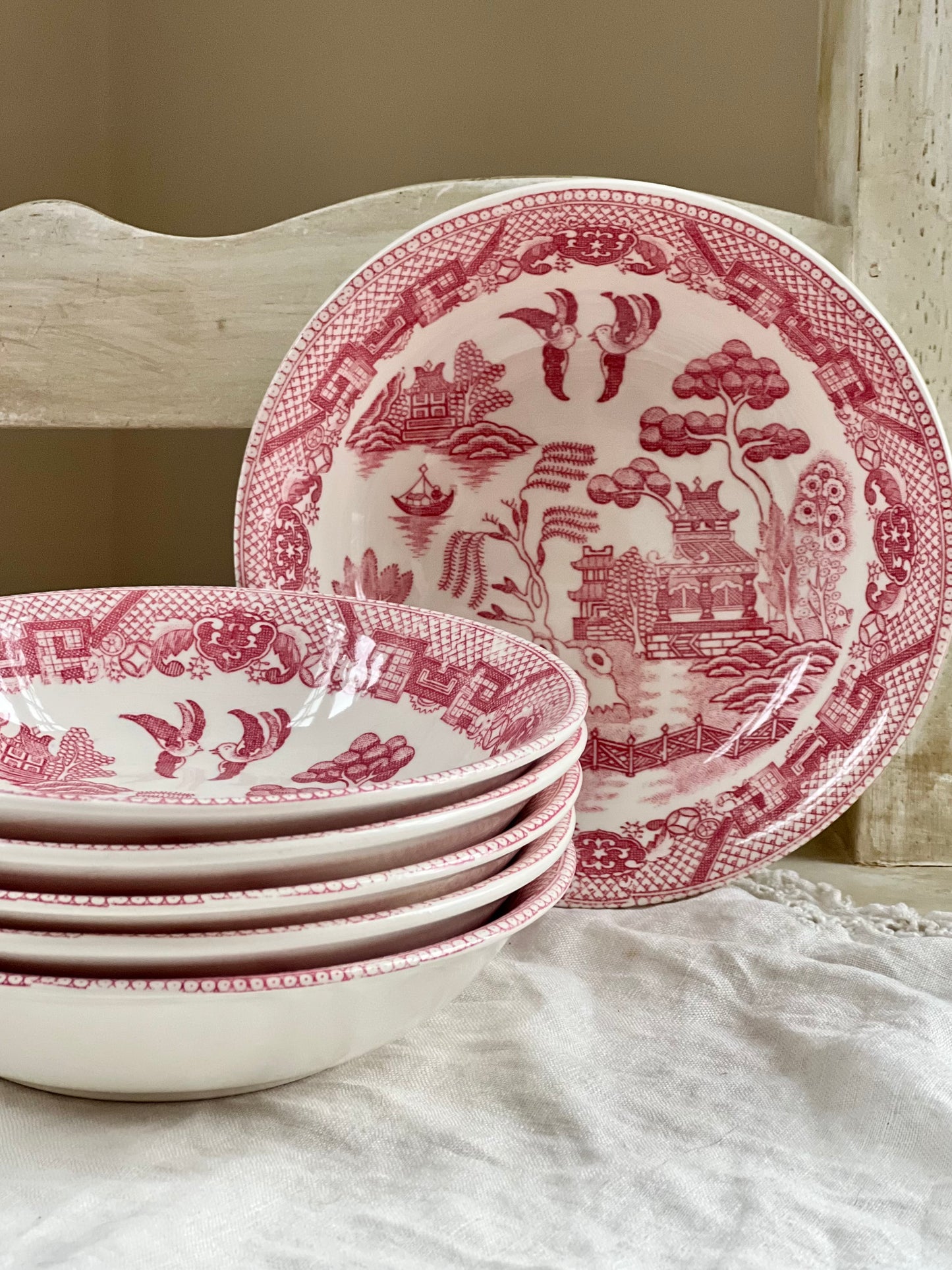 Vintage Set (6) Pink / Red Willow Berry Bowls