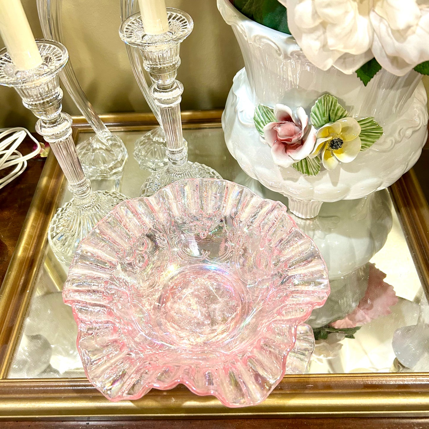 Beautiful pink ribbon carnival glass  vintage bowl centerpiece
