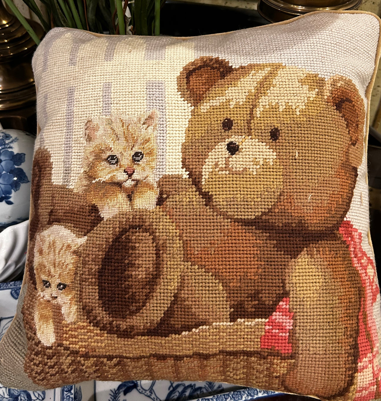 Vintage needlepoint Teddy bear with kitty cats