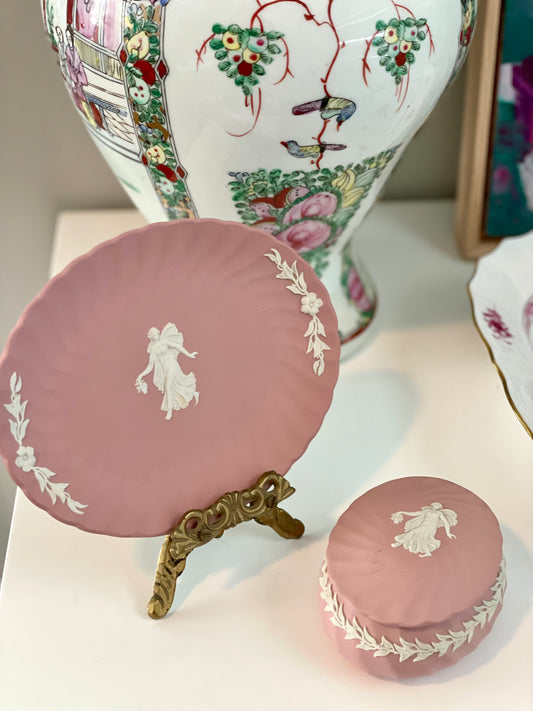 Vintage Pink Wedgwood Jasperware Lidded Box & Scalloped Plate