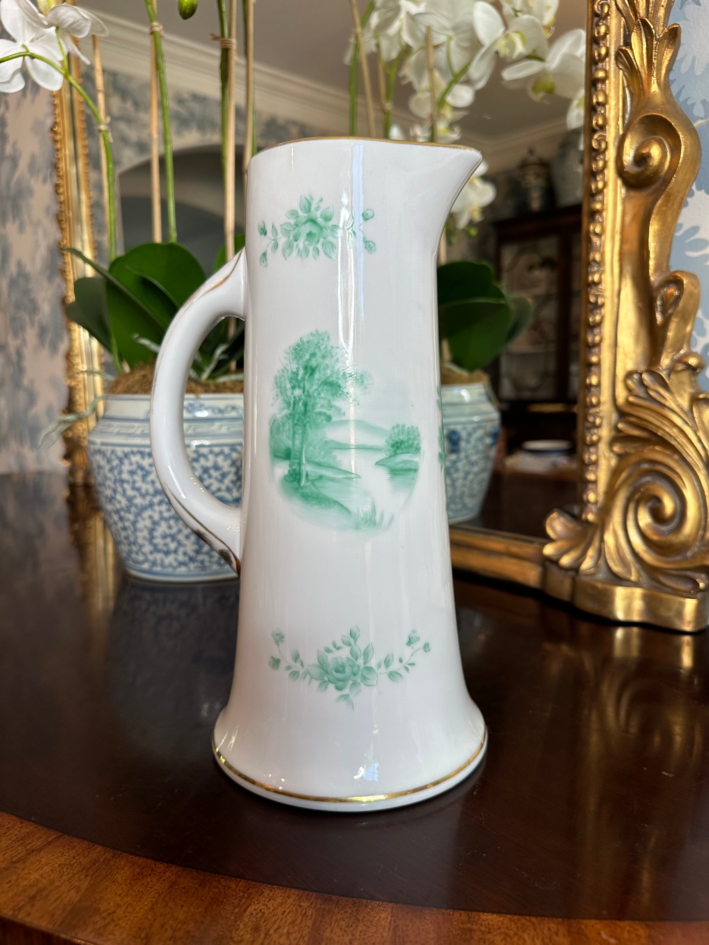 Beautiful Vintage Tall Japanese Pitcher Green Handpainted Landscape