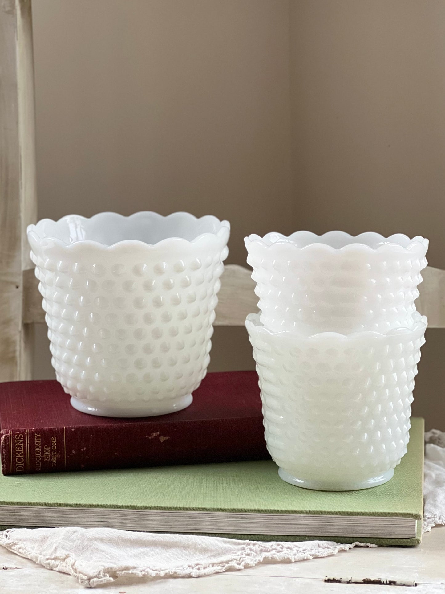 Set (3) Vintage Milk Glass Planters with Hobnail Design & Scalloped Edges