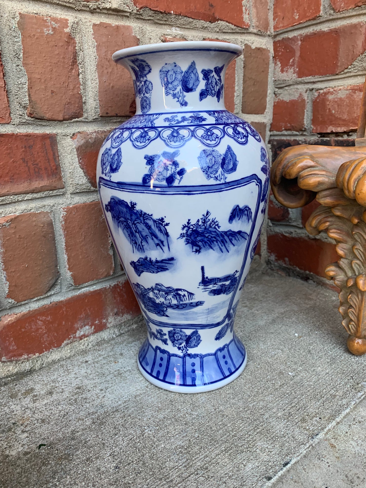 Blue and white floral and scenic 12” vase! - Excellent condition!