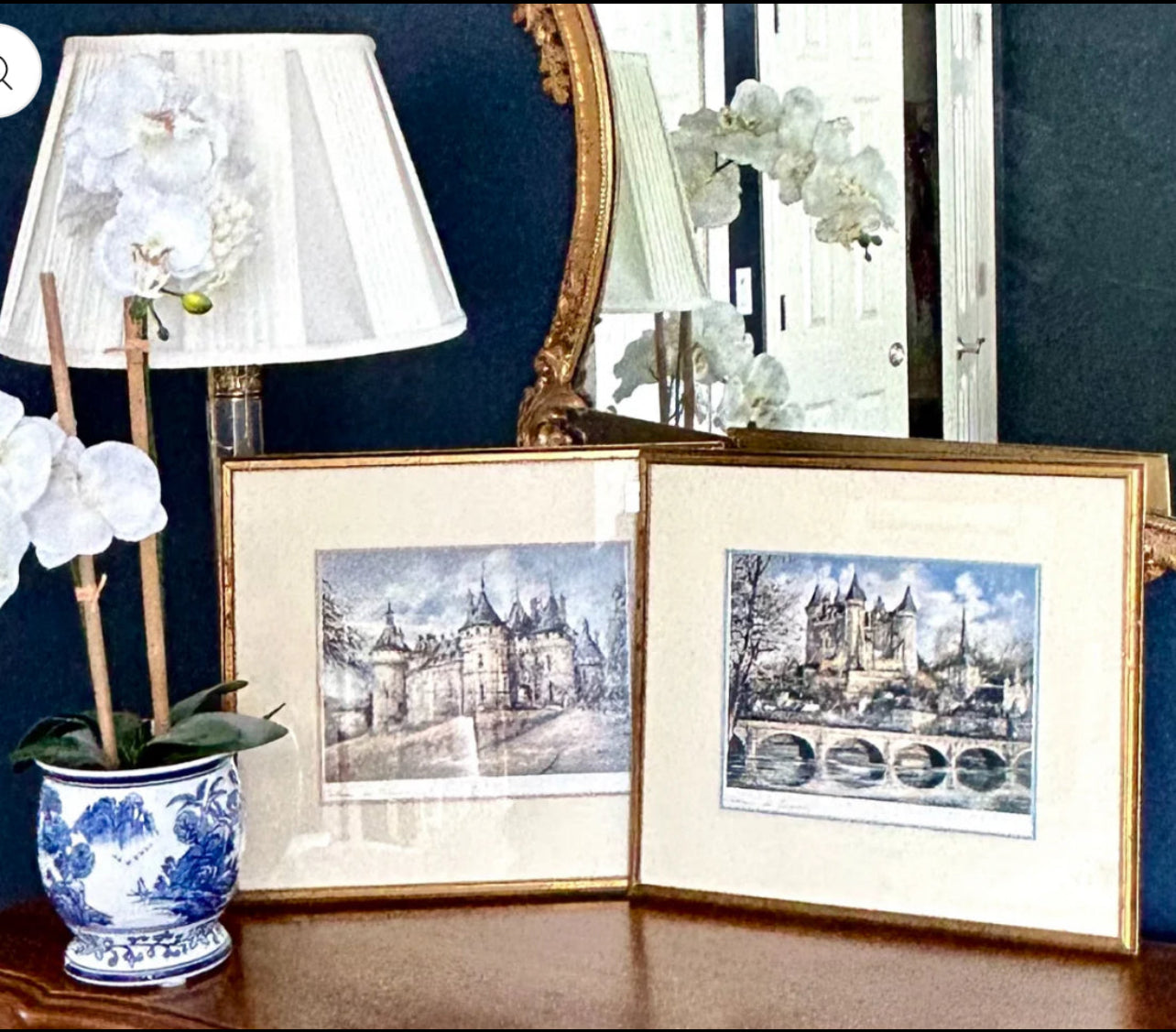 Set of two French  “Chateau de Saymer” and "Chateau de Chaumont" color lithograph prints by artist Brunet wall art, 16x18”