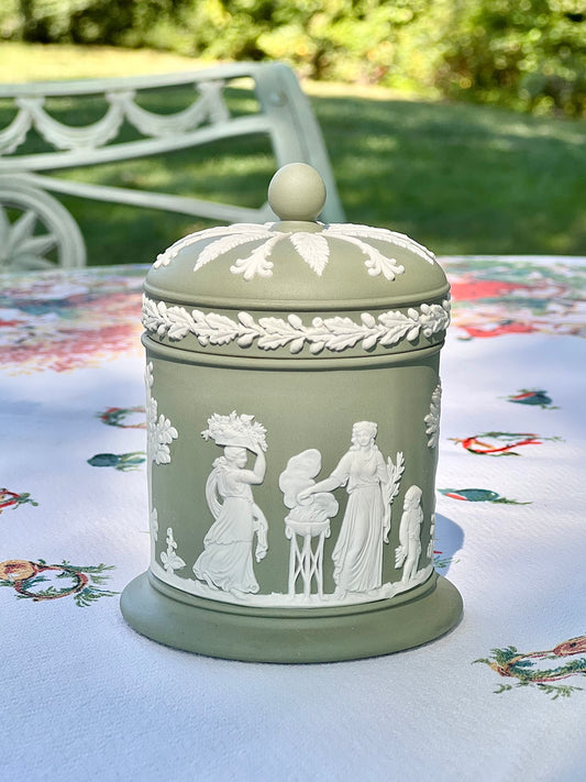 Beautiful Vintage Green Wedgwood Jasperware Tobacco Jar - 4.5" tall