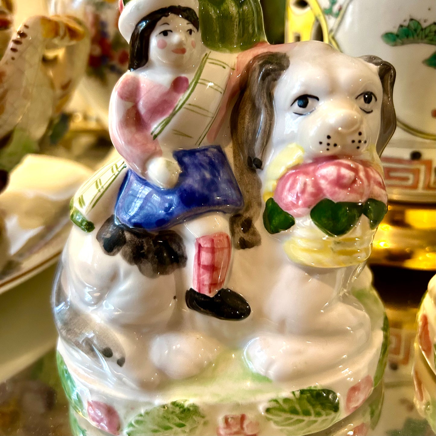 Set of two delightful young lady and gentleman with their Staffordshire dogs pups candle holders