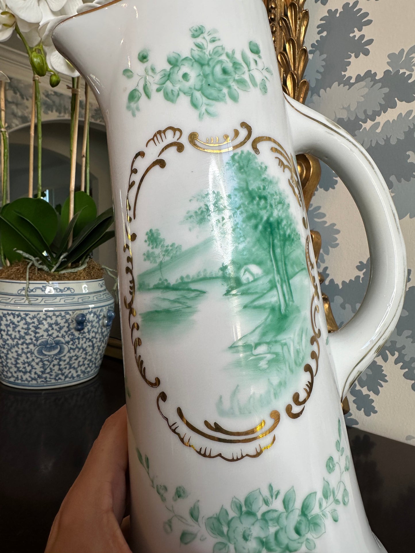 Beautiful Vintage Tall Japanese Pitcher Green Handpainted Landscape