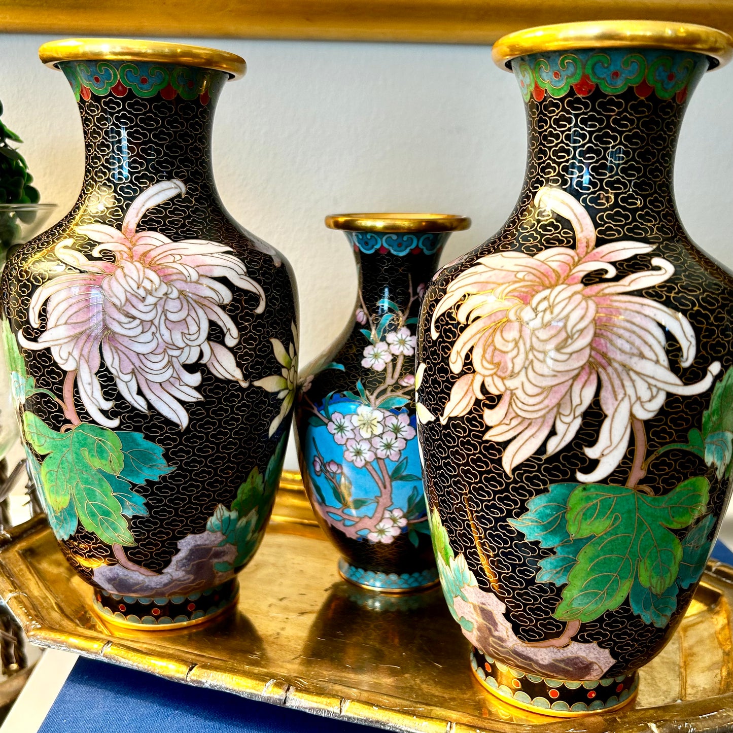 Perfect Pair of vintage brass cloisonné floral  vases.