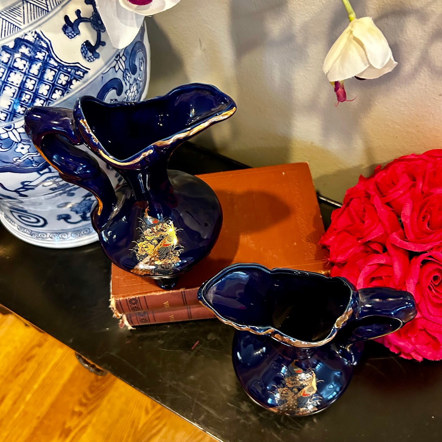 Perfect Pair of vintage cobalt blue chinoiserie floral  vases.