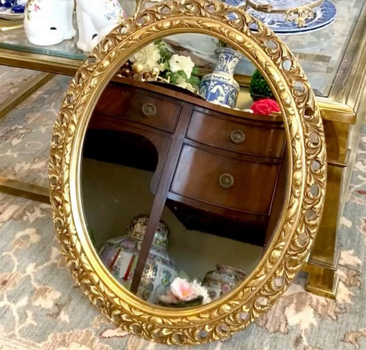 Stunning older vintage oval ornate gold gilt wall mirror