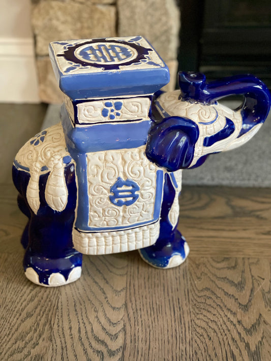 Vintage Blue & White Chinoiserie 13” Ceramic Elephant Plant Stand