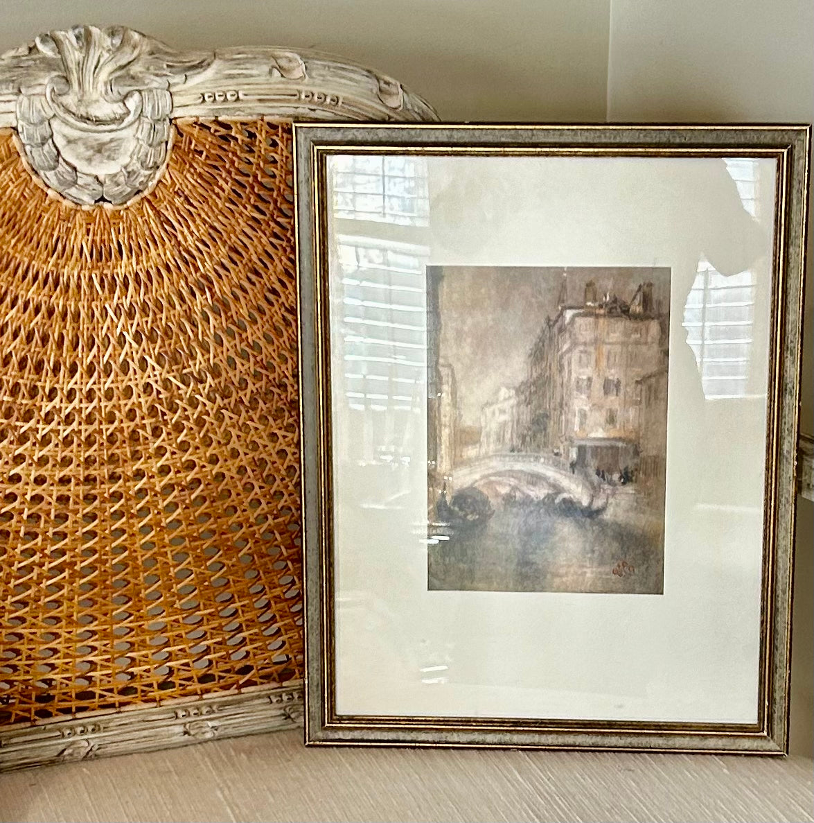 Moody muted vintage artwork of Venice Italy canals in gold frame